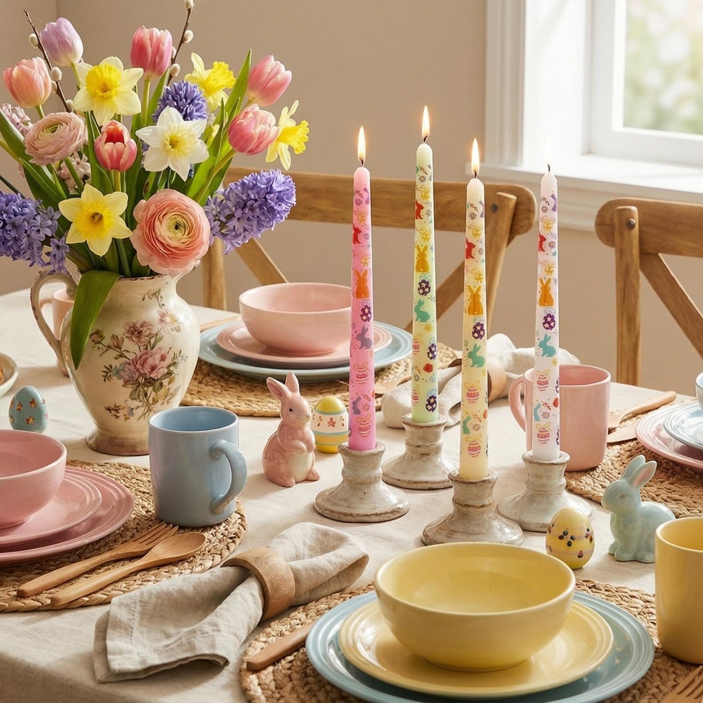 FYBW 4 Pack Easter Printed Taper Candles, 10" Long Decorative Candles with Spring Bunny & Egg Design Decorative Candles for Easter Table & Home Decor