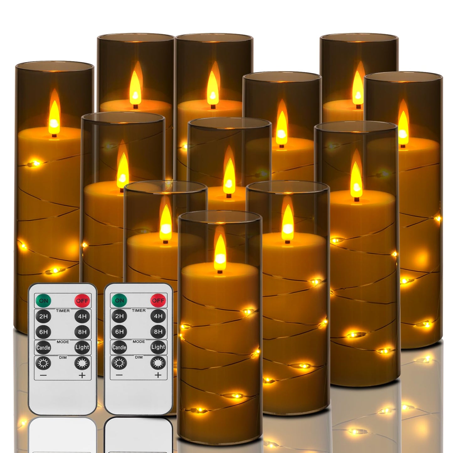 ACROSS Grey Flameless Candles with String Lights Battery Operated LED Pillar Candles 5‘’ 6‘’ 7‘’ 8‘’ Candle with Remote Control,Fake Candle Set of 12 for Special Festivals Decorations