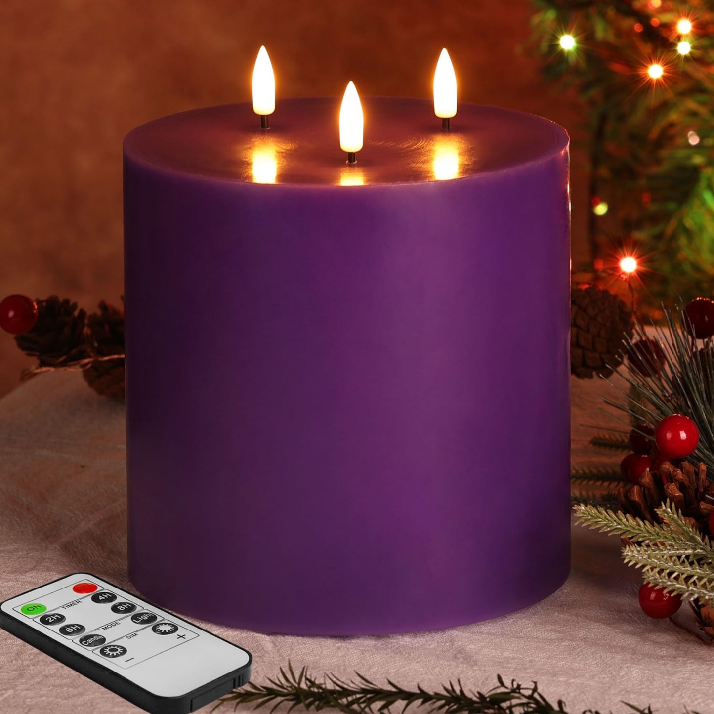 Eywamage 3 Wick Flameless Candle with Remote, Large Purple Candle, Real Wax Flickering LED Pillar Candle Φ 6" H 6"