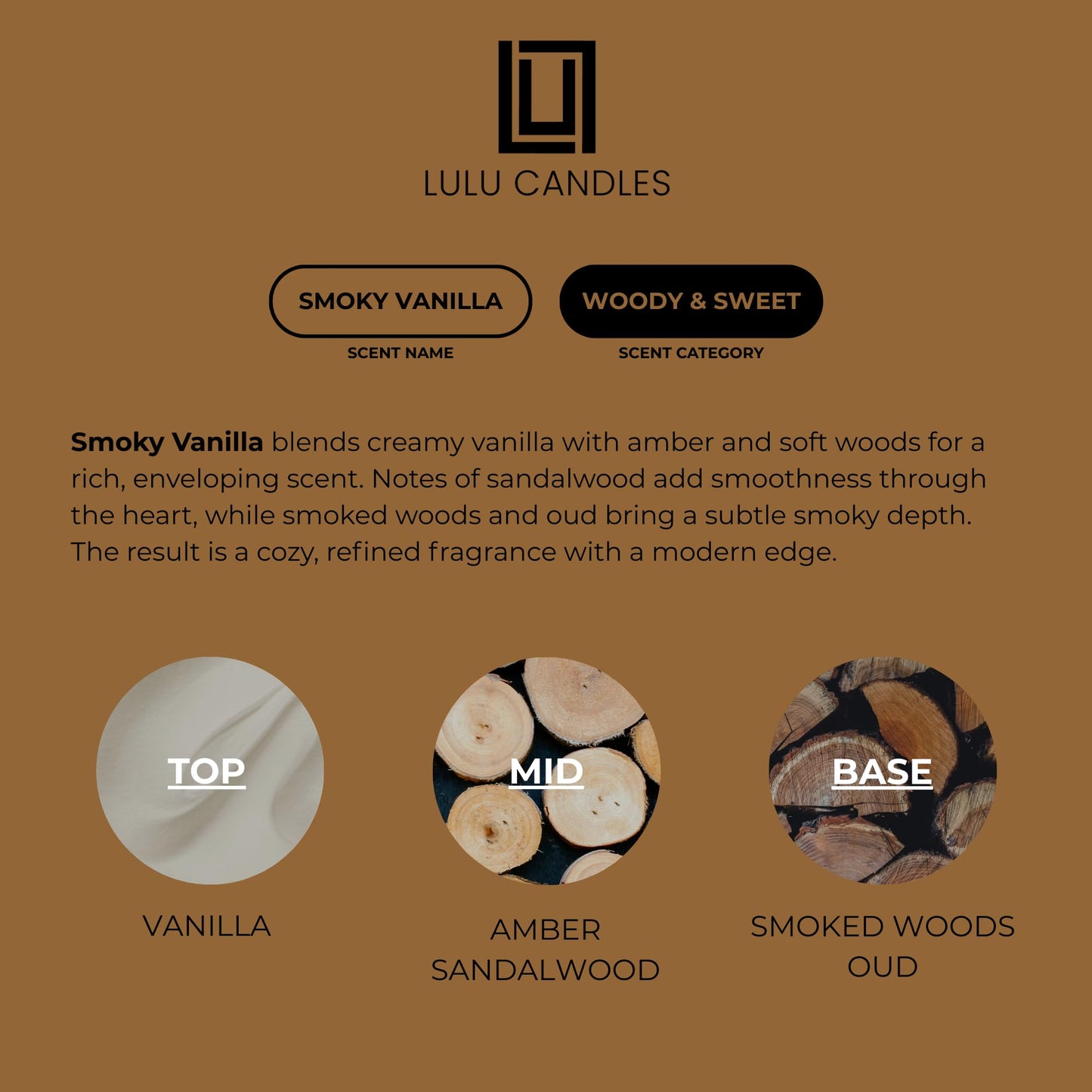 Lulu Candles | Smokey Vanilla | Smells Like Wood & Vanilla | Luxury Scented Soy Jar Candle | Hand Poured in The USA | Highly Scented Long Lasting (9 Oz.)