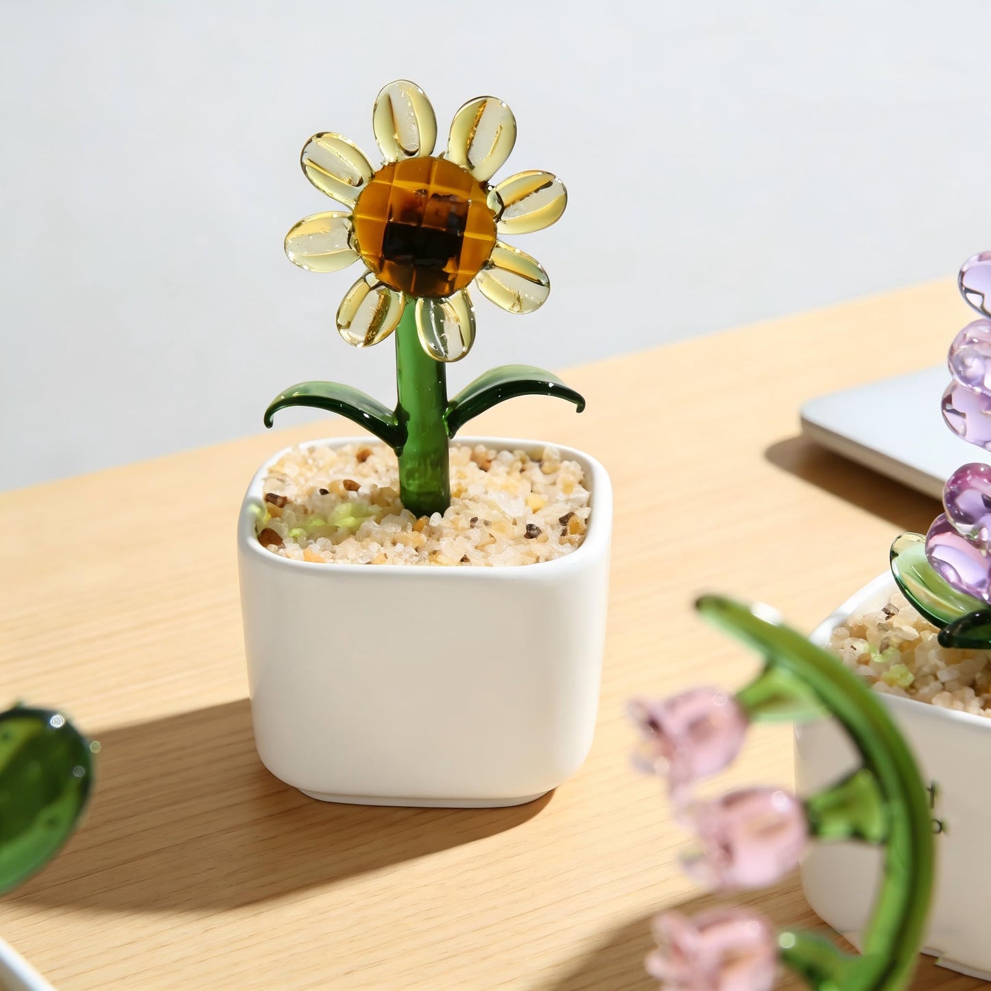 Crystal Glass Flowers Dopamine Decor, Cute Desk Decor for Women Office,Small Crystal Flower Fake Desk Plant,Gift for Teachers,Friends,Coworkers