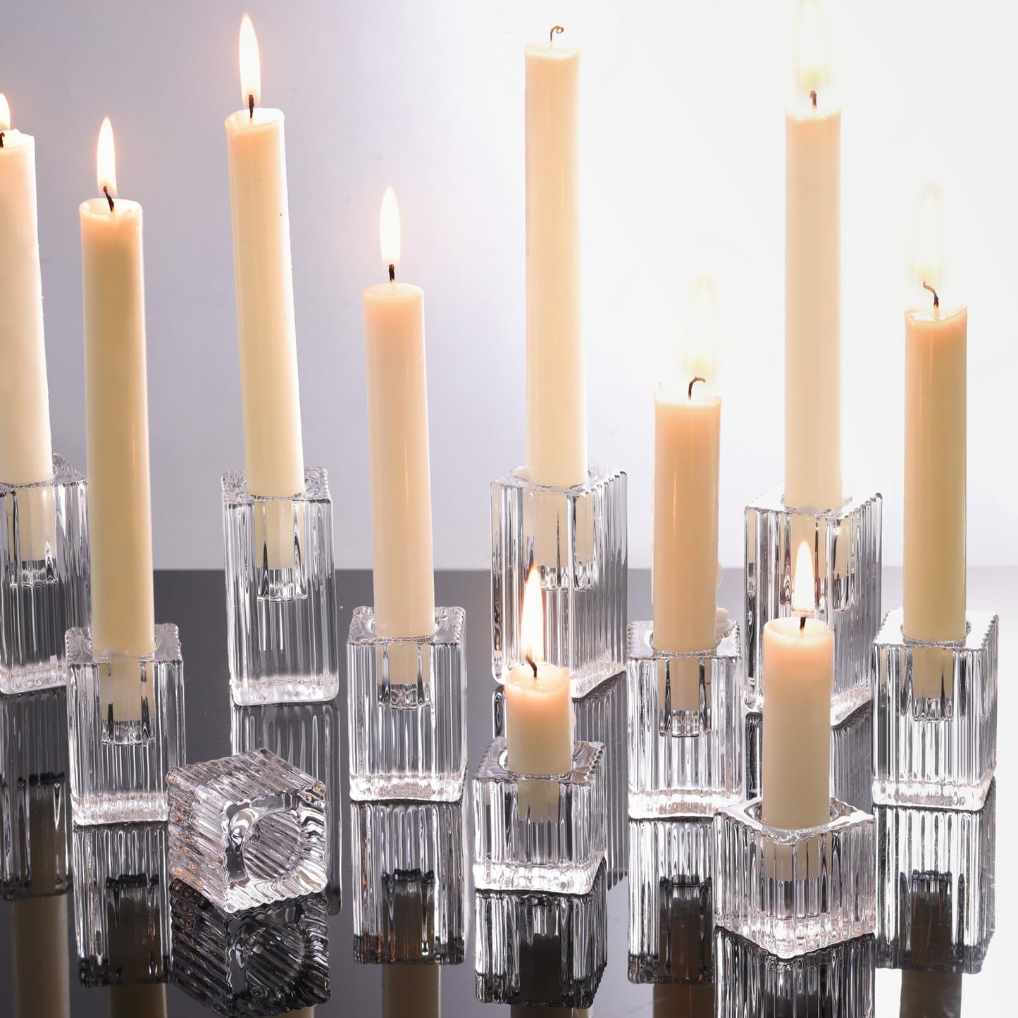 LETINE Hurricane Candle Holders with Ribbed Taper Candle Holders Set of 9(14") - Clear, Windproof & Elegant Candle Holder with Glass Cover for Wedding Centerpieces, Events & Home Decor