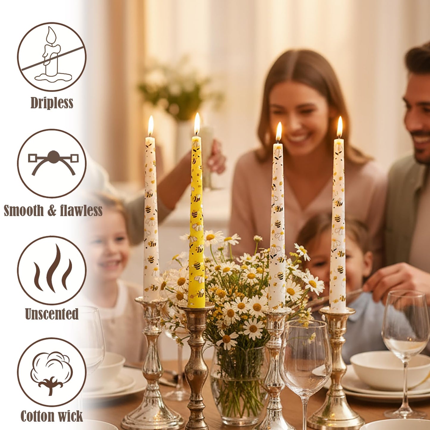 W&LESVAGO 10 Inch Yellow Bee Print Taper Candles, 4 Pack Dripless Long Candlesticks, Unscented Tapered Dinner Candles for World Bee Day, Wedding, Party, Home Table Decor(BY1)