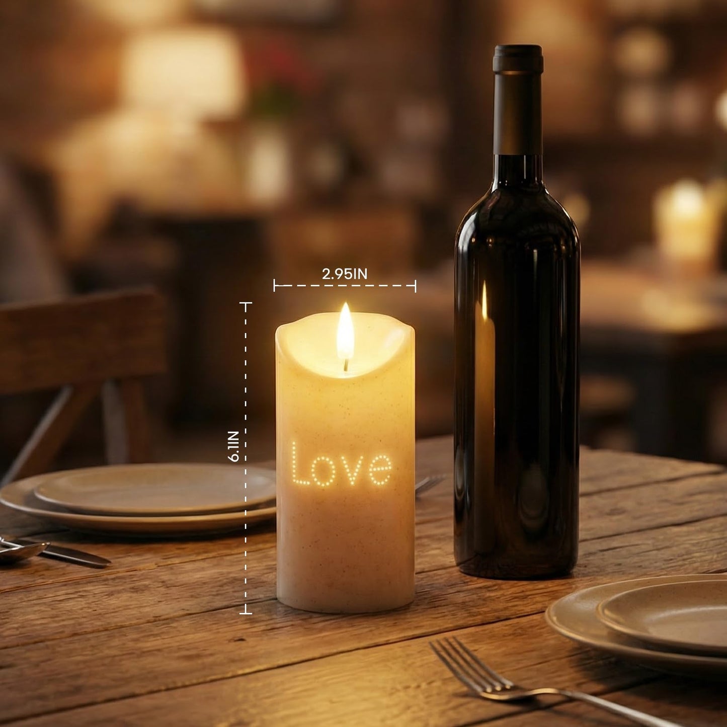 BAIRAYEN Love Flameless Candles 2-Pack, Fiber Optic Fake Candles with Timer, Warm White Battery Operated LED Lights 6" Tall for Wedding, Valentine, Anniversary, Christmas Table Decor