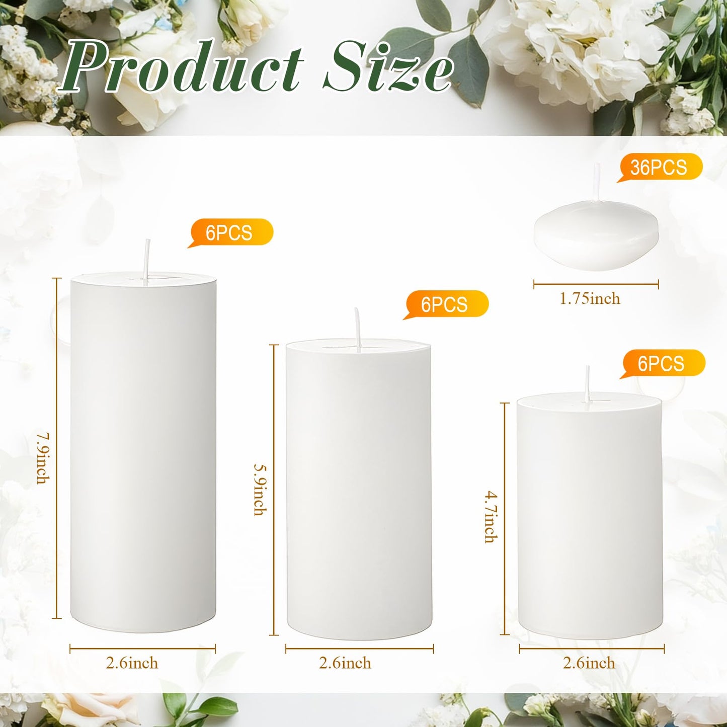 MTLEE 36 Pcs Thanksgiving Day Floating Candle 1.75'' 18 Pcs White Pillar Candles 4'' 5'' 6'' Diameter Dripless Wax Burning Unscented Decorative for Banquet Wedding Dining Party Home Decor