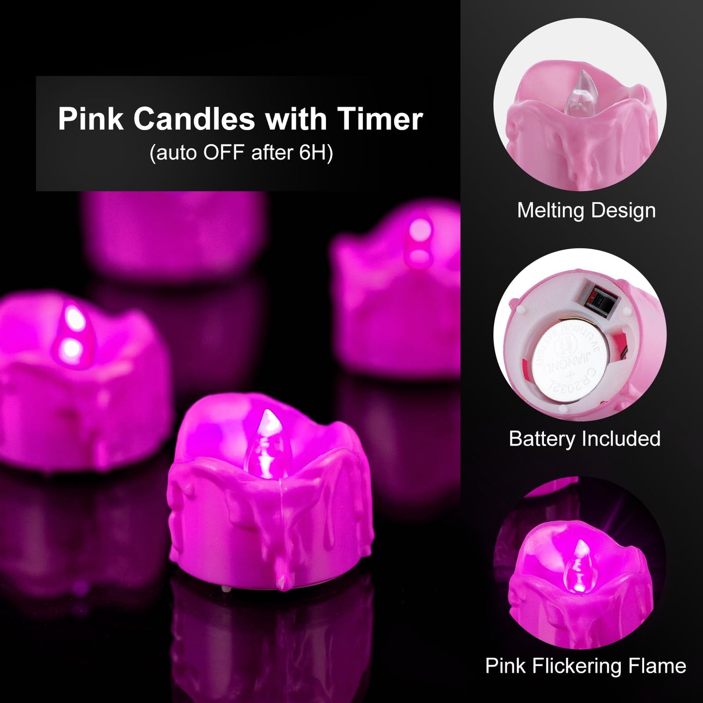Windshell Pink Flickering Flame Tealight Candles with Auto 6H Timer (No Remote), Battery Operated LED Flameless Tea Lights with Melting Design, for Valentine‘s Day Wedding Party, 12 Pack