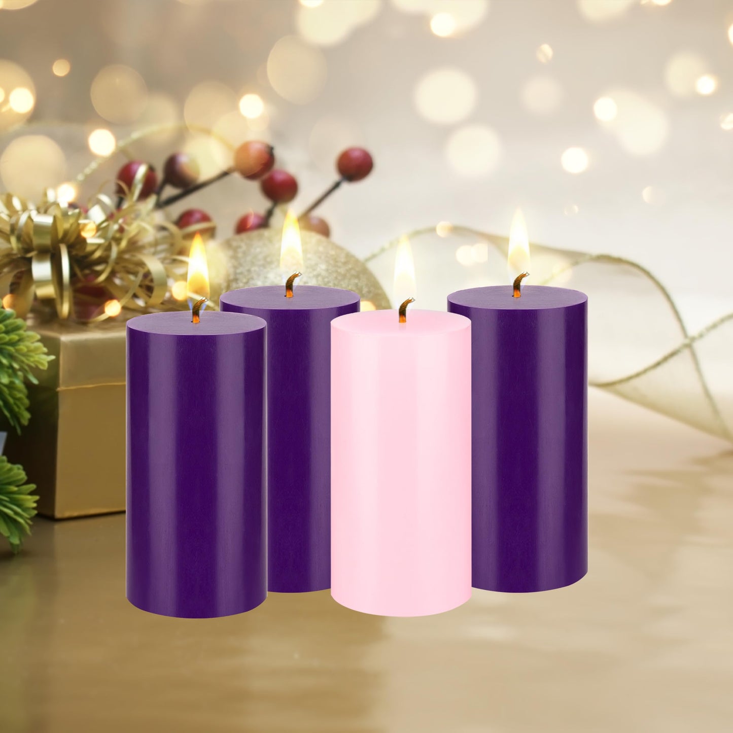 Mega Candles 4 pcs Unscented Christmas Advent Candles Set, Hand Poured Premium Wax Round Pillar Candle 3 Inch x 6 Inch, Holidays, Occasions, Events, Festivities, Devotional, Church, Wreath, Gifts
