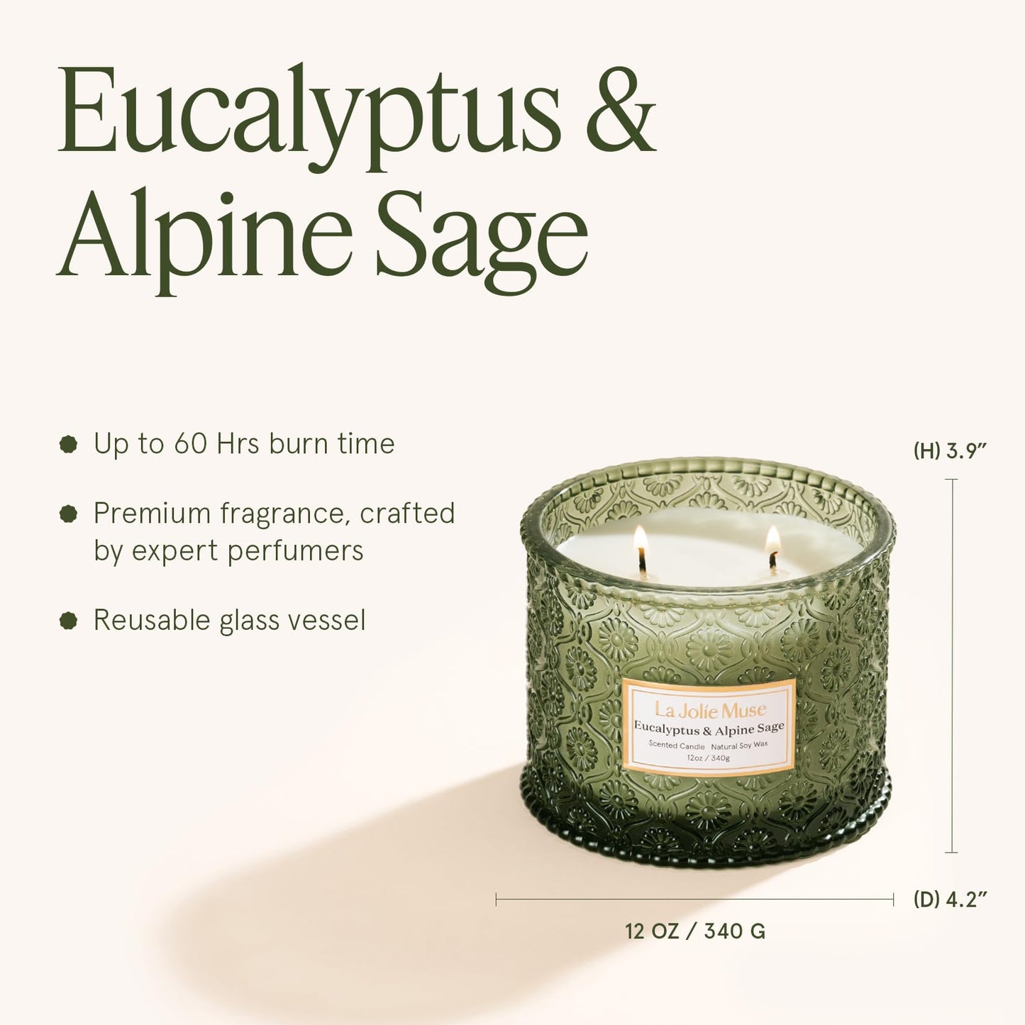 LA JOLIE MUSE Eucalyptus & Alpine Sage Scented Candle | Eucalyptus, Sage, Lavender | 12 oz Double Cotton Wick Soy Candle | 60 Hours Clean Burn | Daily Relaxation & Cozy Ambiance | Elegant Home Decor