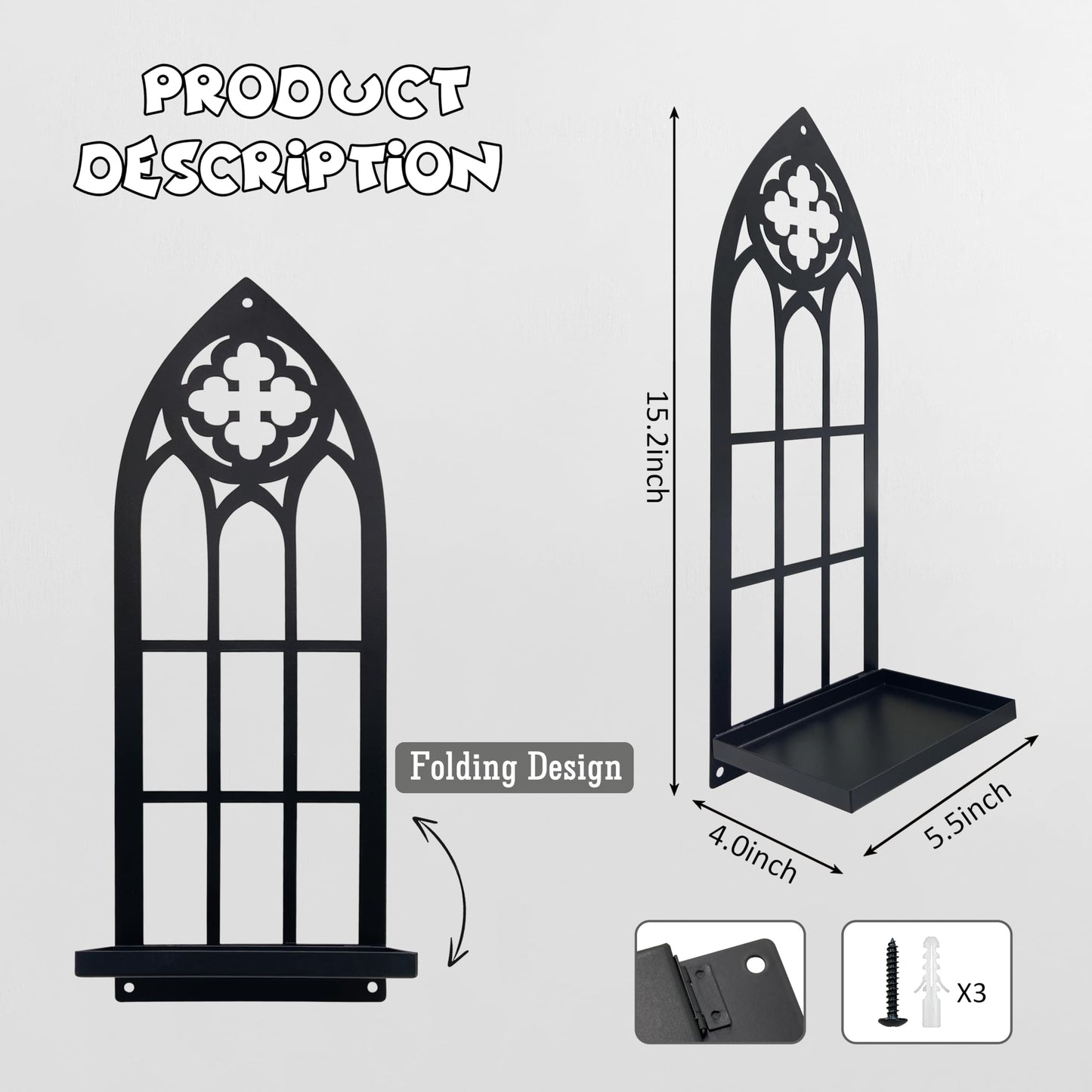 Gothic Wall Sconces Set of Two Candle Holder, Black Metal Gothic Wall Decor, Arched Church Wall Sconces, Rustic Farmhouse Home Wall Art Decor for Living Room, Bathroom, Bedroom, Dining Room(Church)