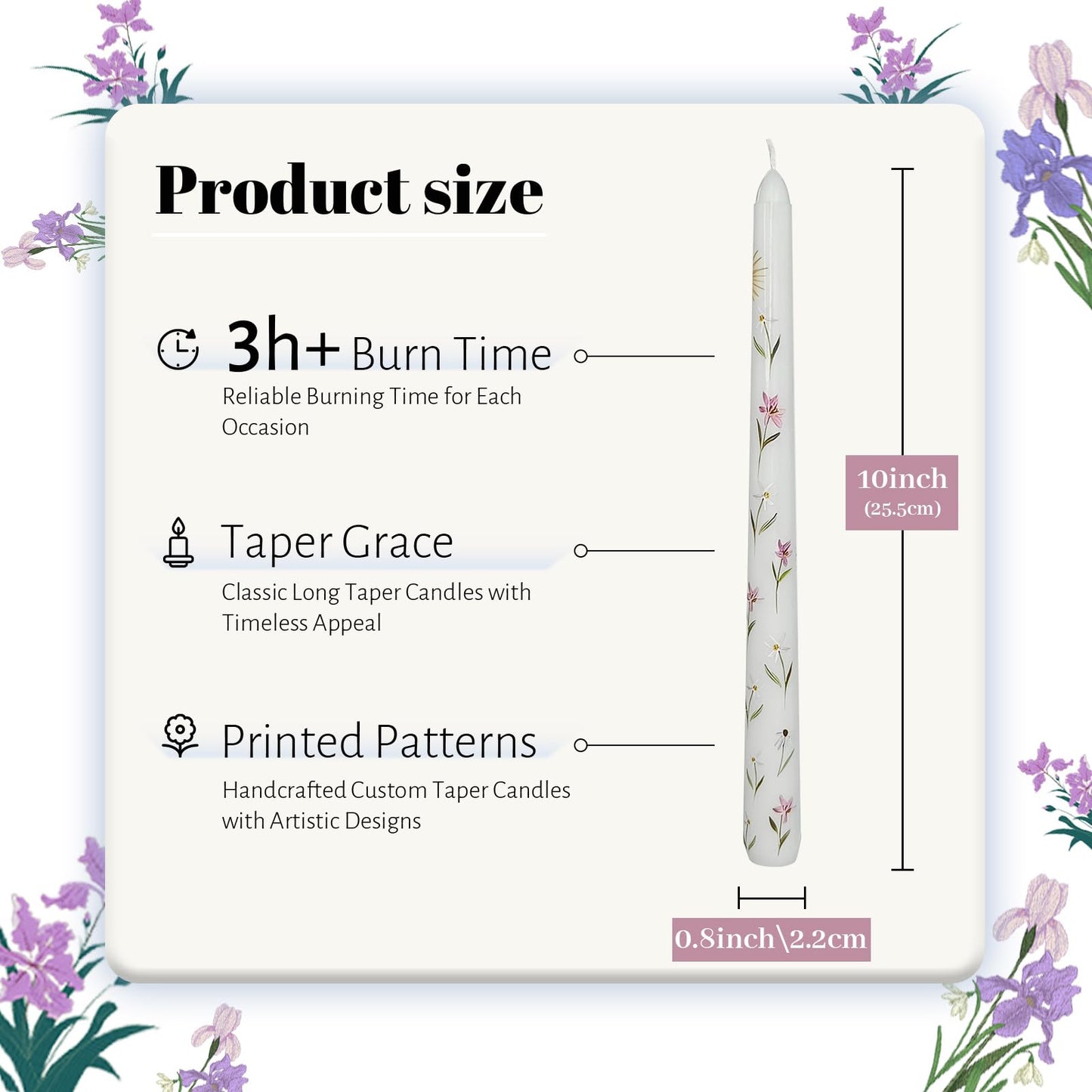 Taper Candles 10 Inch Print Candle Handmade Unscented White Iris Long Candles 2 Pack Twisted Candlesticks for Wedding Home Decoration Gifts