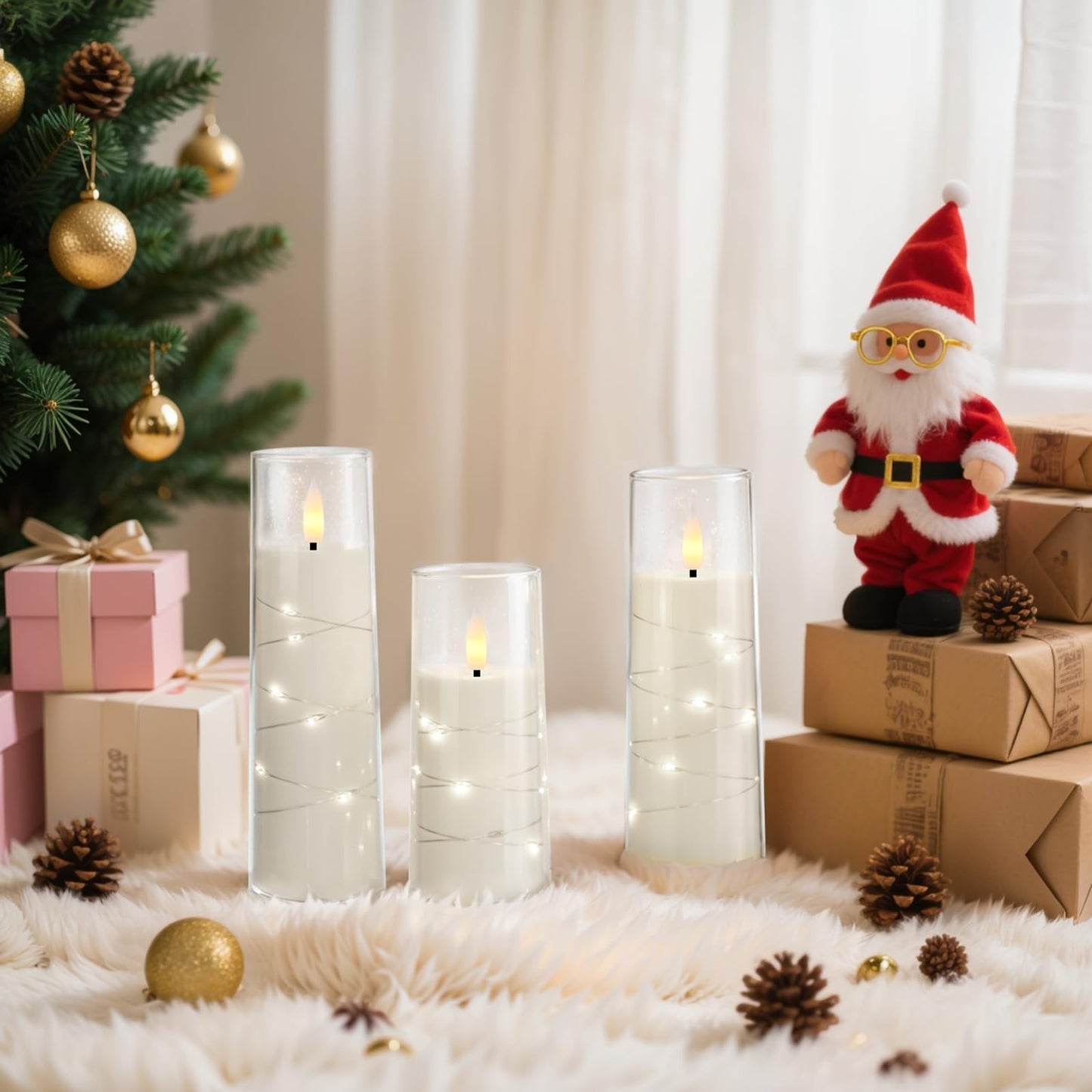 Raycare Flameless Candle with Remote Timer – 9 Flickering Acrylic Battery Operated LED Pillar Candles with Embedded Star String for Christmas, Wedding, Home Table Decor, and as a Gift (White)