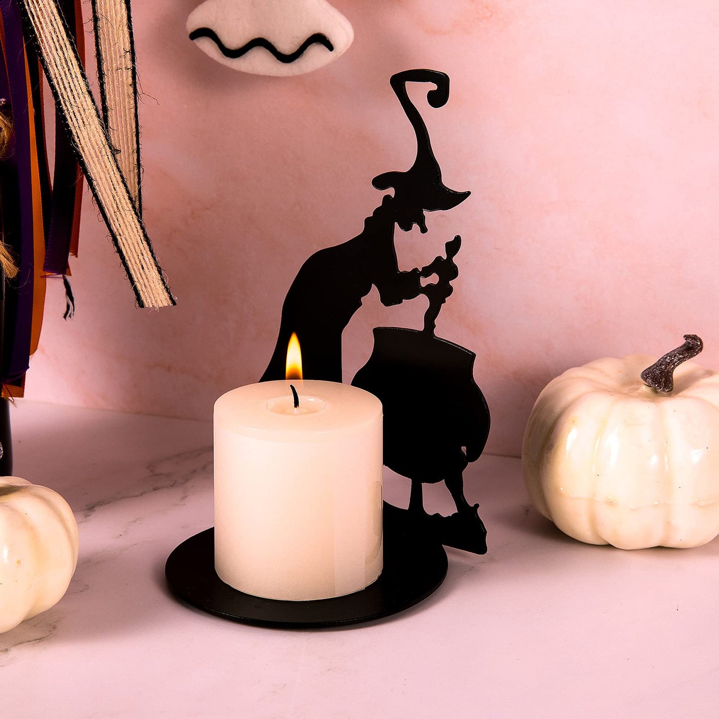 2 Set Halloween Candle Holder Spooky Witch with Cauldron Broom Black Candlestick Pedestal All Hallows Eve Table Centerpiece Table Decor