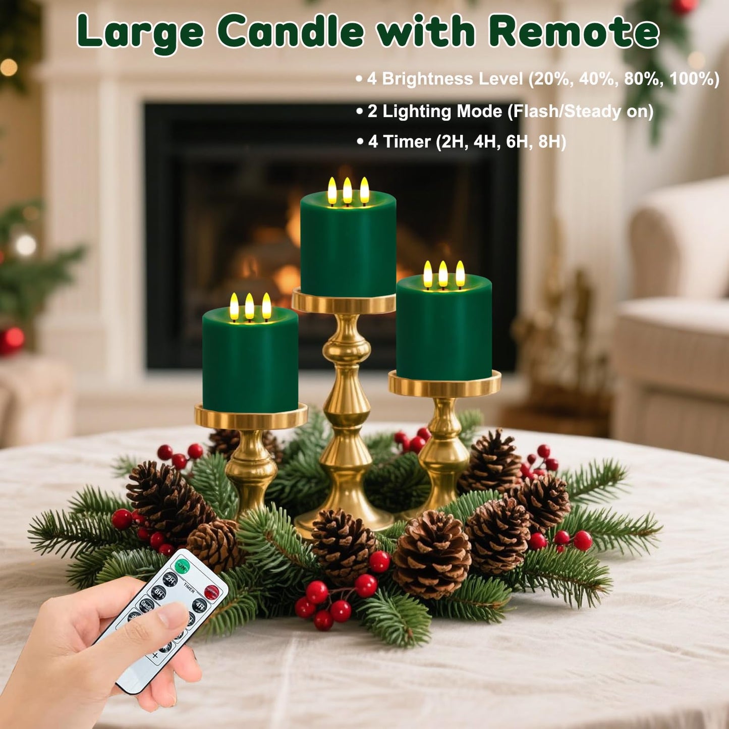 Large 3 Wick Flameless Candles Set of 2, 4"x4" Flickering LED Candles with Remote & Timer, Dimmable Real Wax Pillar Candles Battery Operated, Green Candles for Home Christmas St. Patrick’s Day Decor