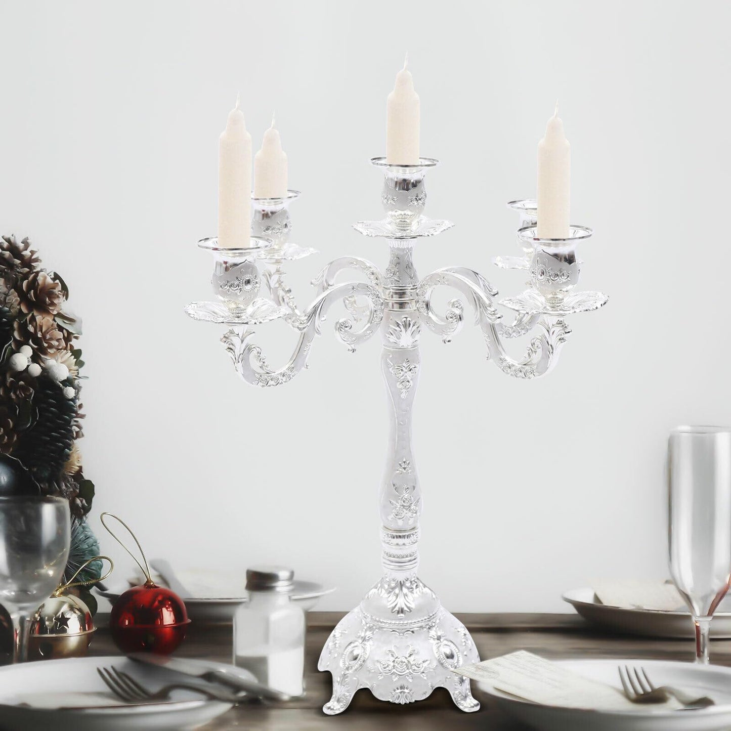 Headery Elegant 14.56”H Mental Tall Candelabra,5 Arm Candle Holder Candlestick Holder, Taper Candle Holder with Three-Dimensional Carving for Wedding Dinner Party Chrismas Ceremony Home Decor(Silver)