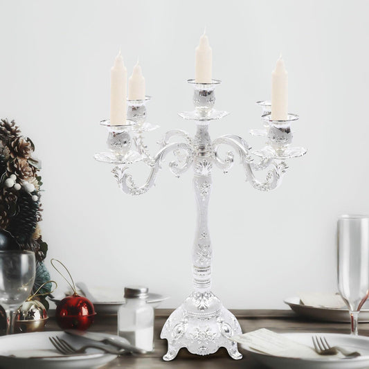 Headery Elegant 14.56”H Mental Tall Candelabra,5 Arm Candle Holder Candlestick Holder, Taper Candle Holder with Three-Dimensional Carving for Wedding Dinner Party Chrismas Ceremony Home Decor(Silver)