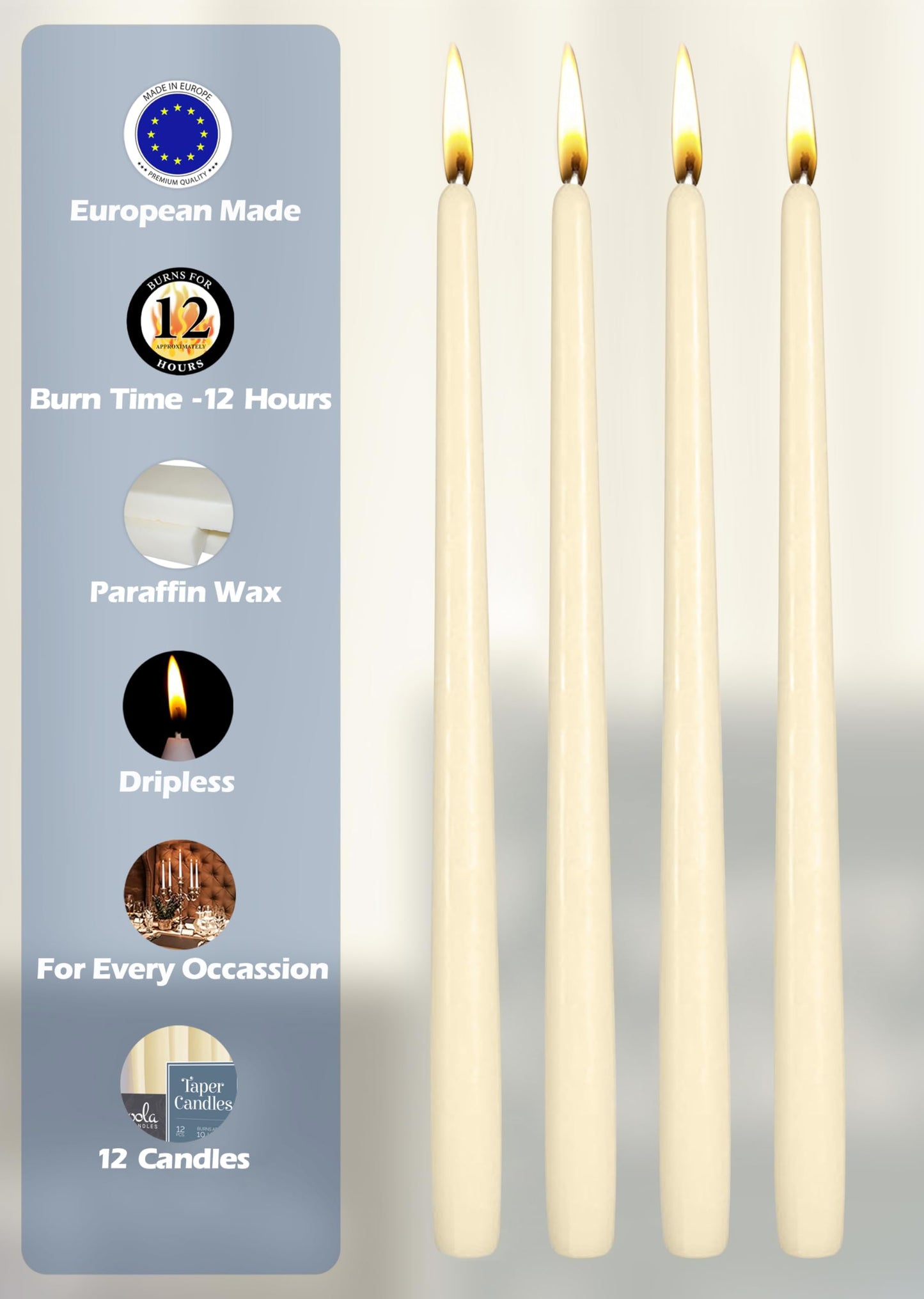 Hyoola 12 Pack Tall Taper Candles - 14 Inch Woolwhite Dripless, Unscented Dinner Candle - Paraffin Wax with Cotton Wicks - 12 Hour Burn Time
