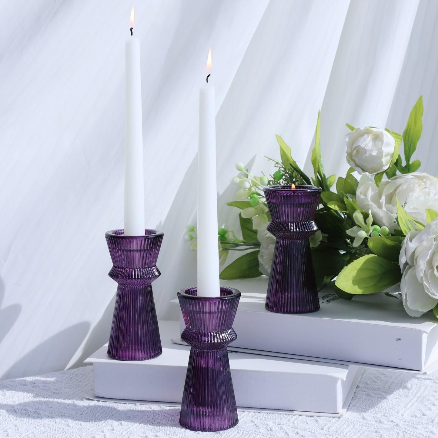 VOHO Purple Ribbed Taper Candle Holders Set of 3, Minimalist Style Glass Candle Holder for Candlesticks and Tealight Candles, Classy Candlestick Holders for Easter Halloween Wedding Decor