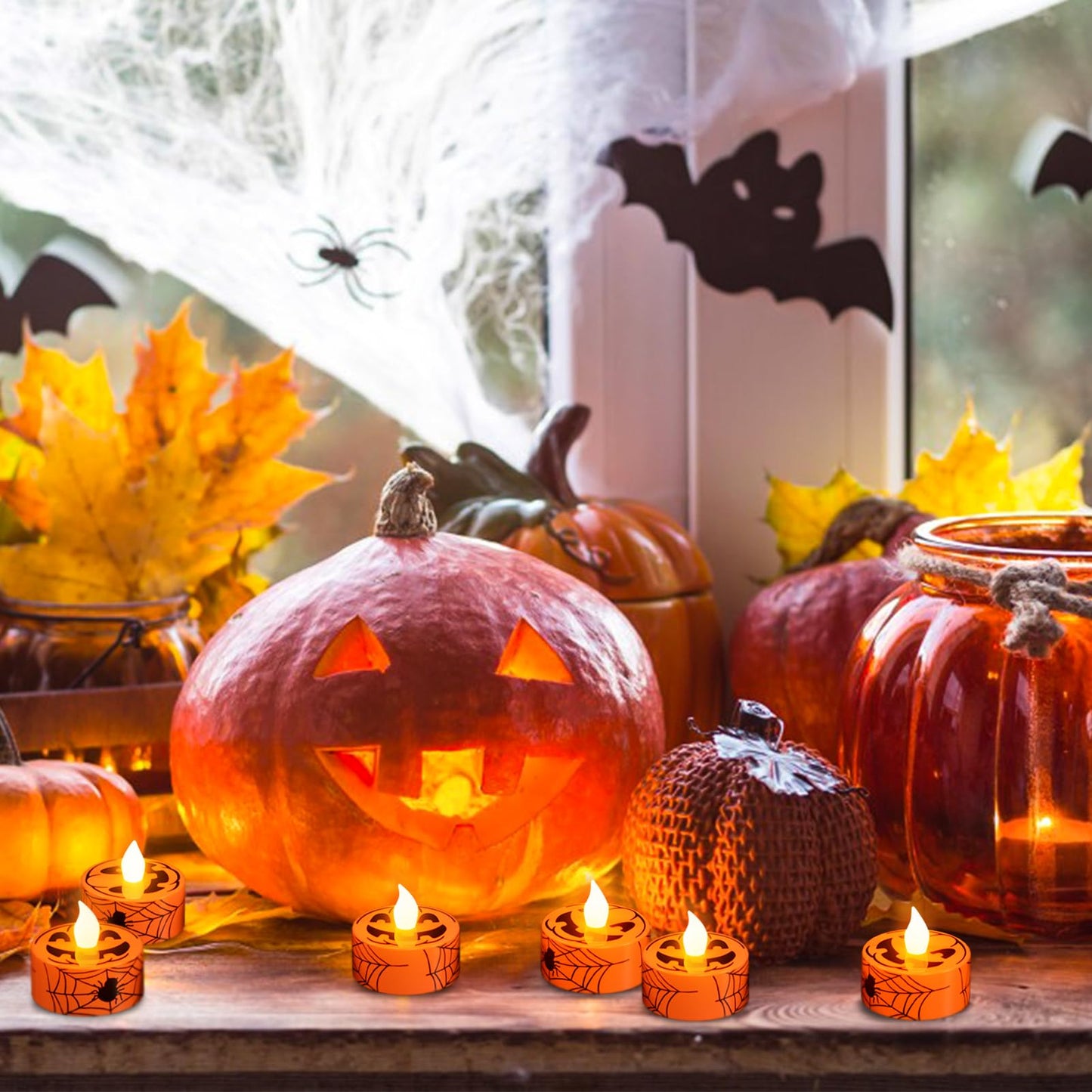 GenSwin Halloween Tealights Candles Battery Operated, 12 Pack Tea Lights Flameless Candles with Timer, Orange LED Votive Flickering Candles with Pumpkin Face and Spiderweb Prints for Halloween Decor