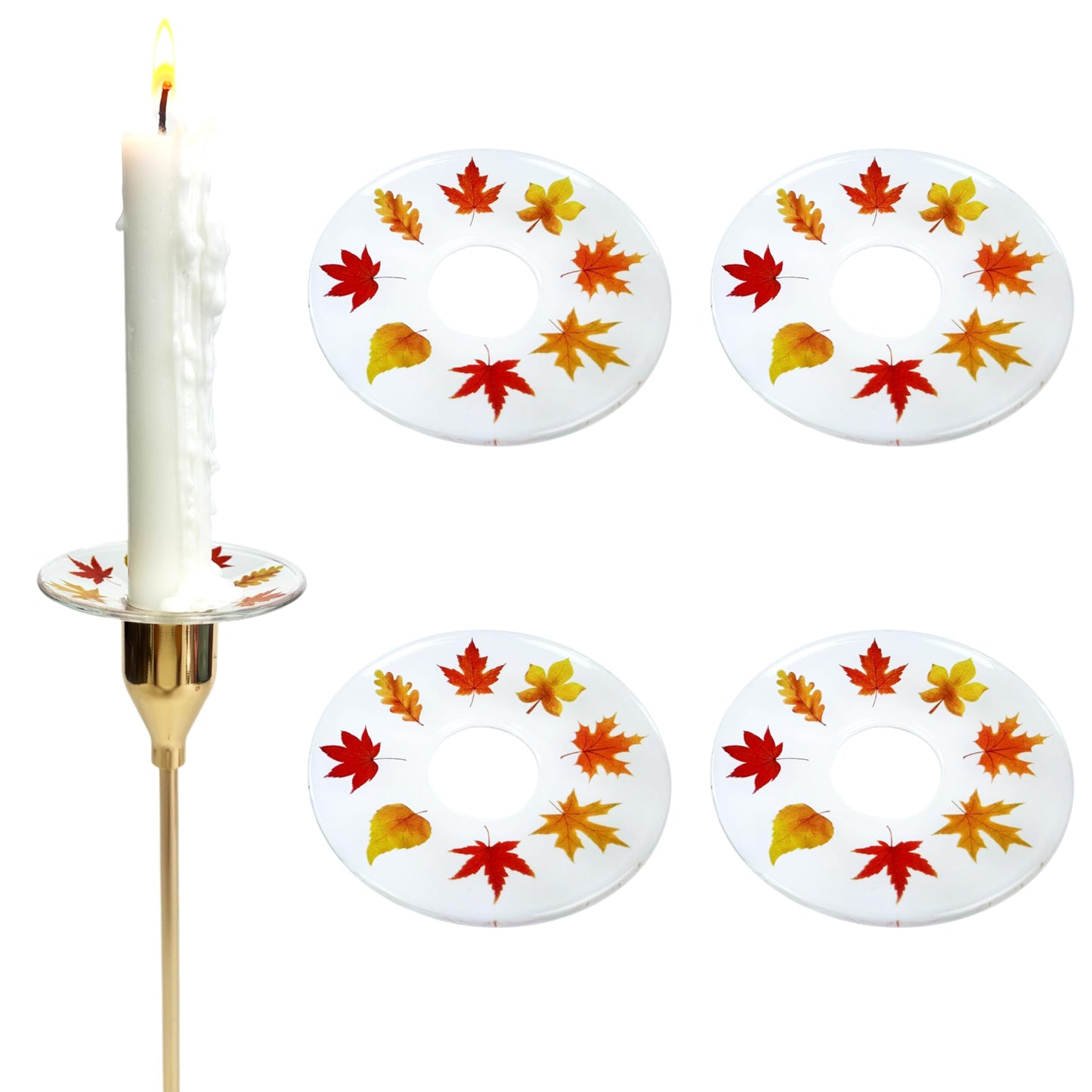VGEUNA 4 Pieces Patterned Glass Bobeches for Candlestick Holder, Thanksgiving Day Maple Leaves Design, Candle Drip Protector Guard, Wax Catcher Ring Accessories (Maple Leaves)