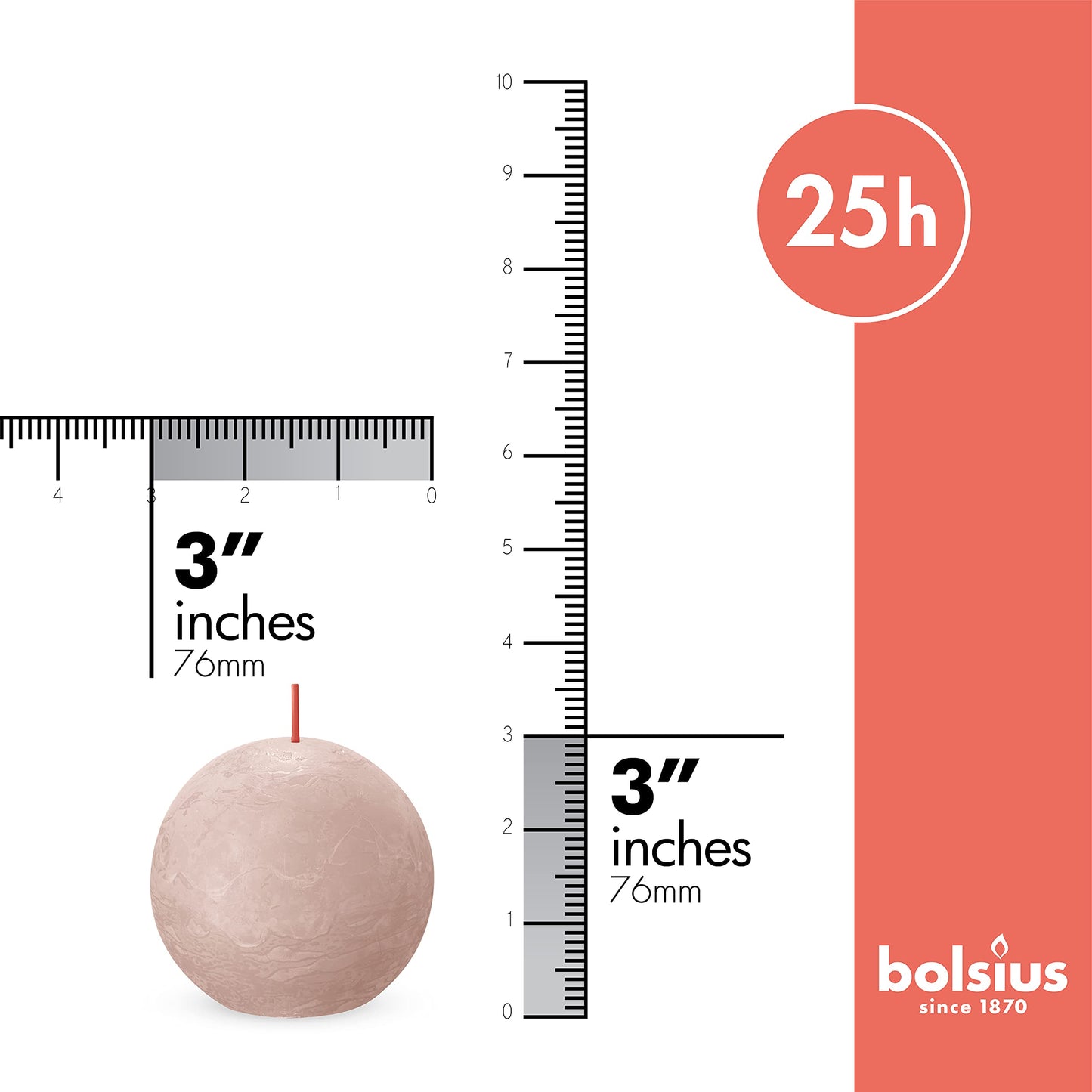 BOLSIUS 3 Pack Ivory Rustic Ball Pillar Candles - 3 Inch - Premium European Quality - Includes Natural Plant-Based Wax - Unscented 25 Hour Party Décor and Wedding Candles