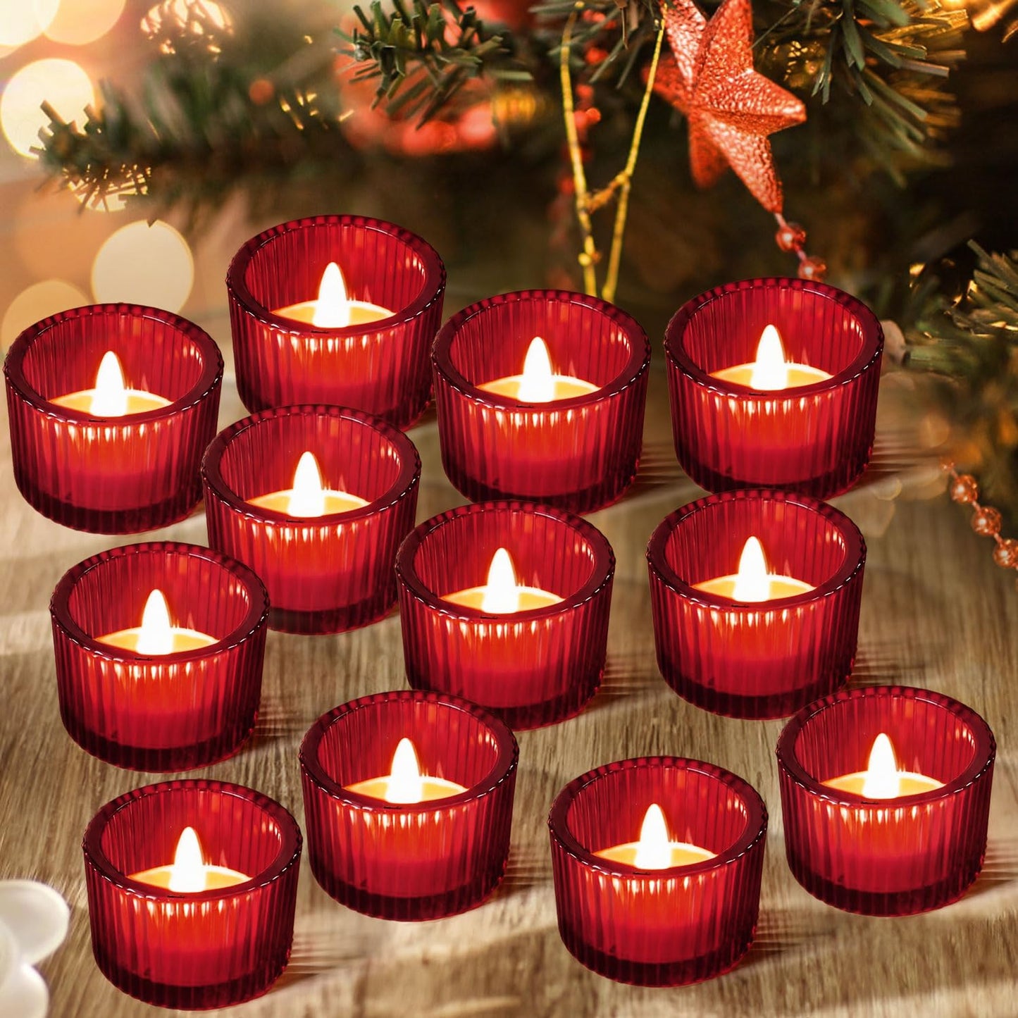 JOYIT Red Votive Candle Holders Bulk Set of 12, Tealight Candle Holder for Wedding Table Centerpiece, Glass Small Candle Holders for Birthday Party, Valentine's Day, Home Decor (2''X 1.4'')