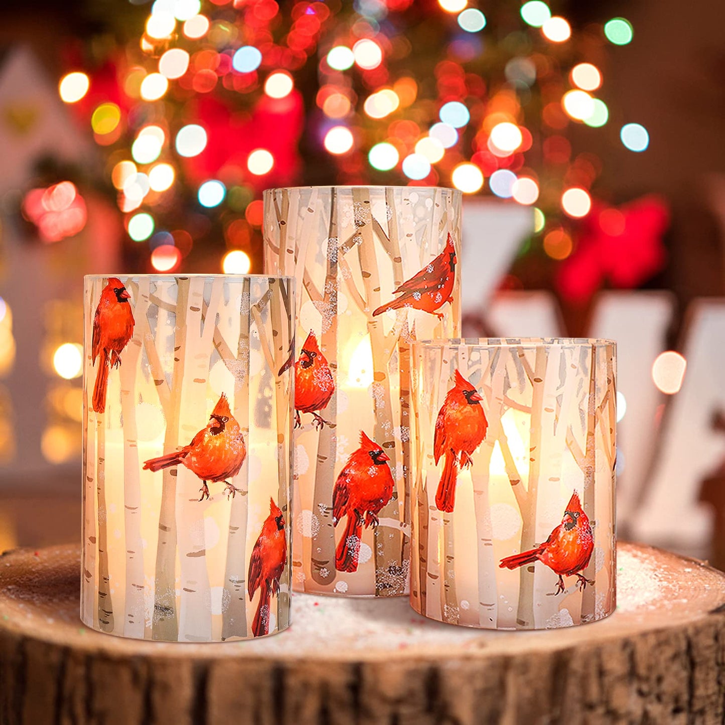 Crystal Club Flameless Candles, Cardinal Theme, (Set of 3) Battery Operated LED Candles with Remote, Real Wax & Glass Effect Candle with Timer for Christmas Home Festival Décor