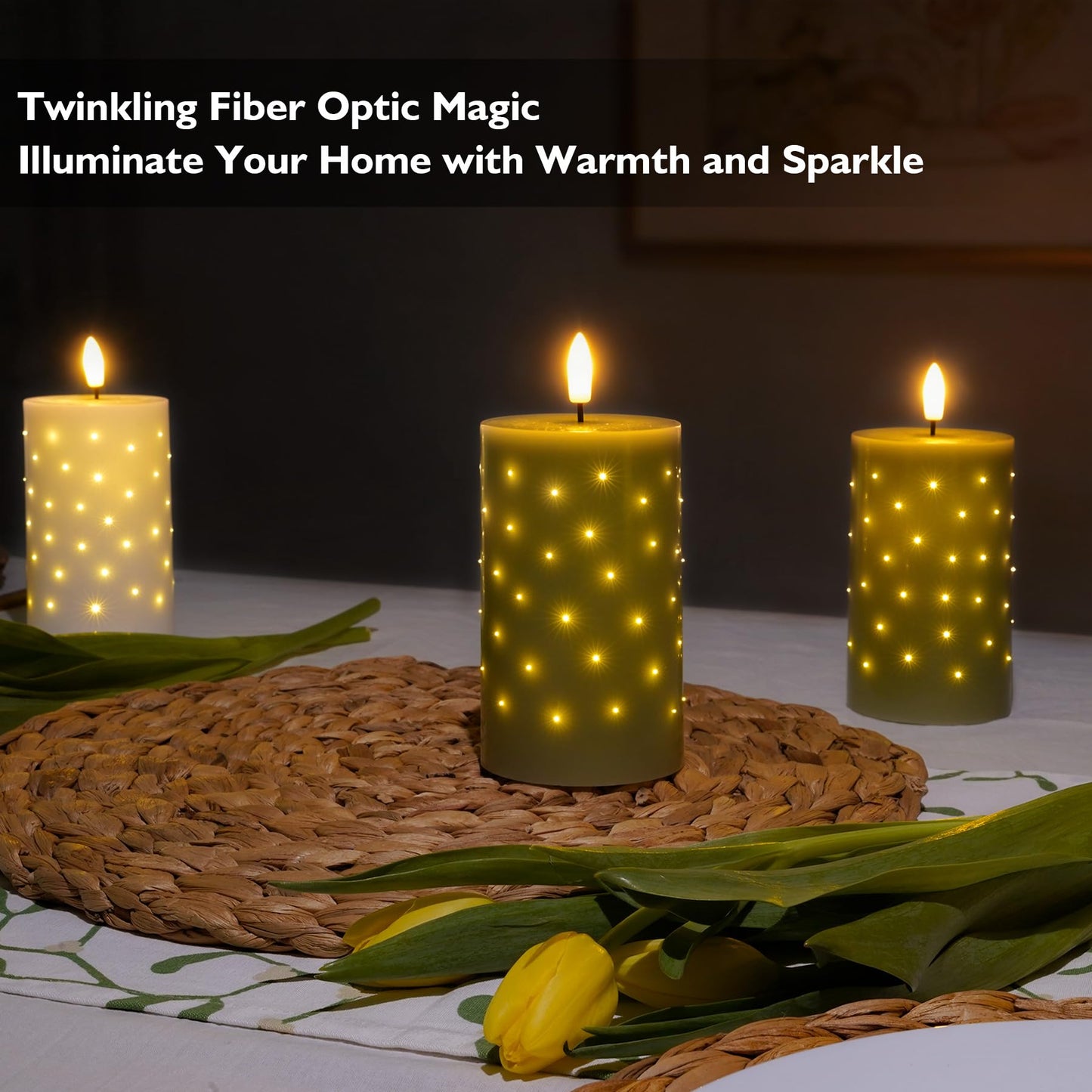 Rhytsing Sage Green Fiber Optic Real Wax Flameless Candles with Remote, Battery Operated Decorative Pillar Candles for Spring and Summer, Christmas Gift Set with Batteries, H 5 inches - Set of 2