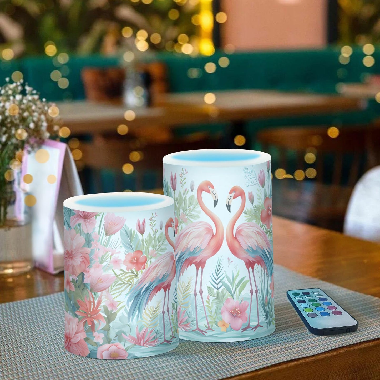 BOENLE Flickering Flameless Candles, Pink Flamingo Print LED Candles with Remote Timer, Set of 2 Battery Operated Candle for Valentine Wedding Birthday