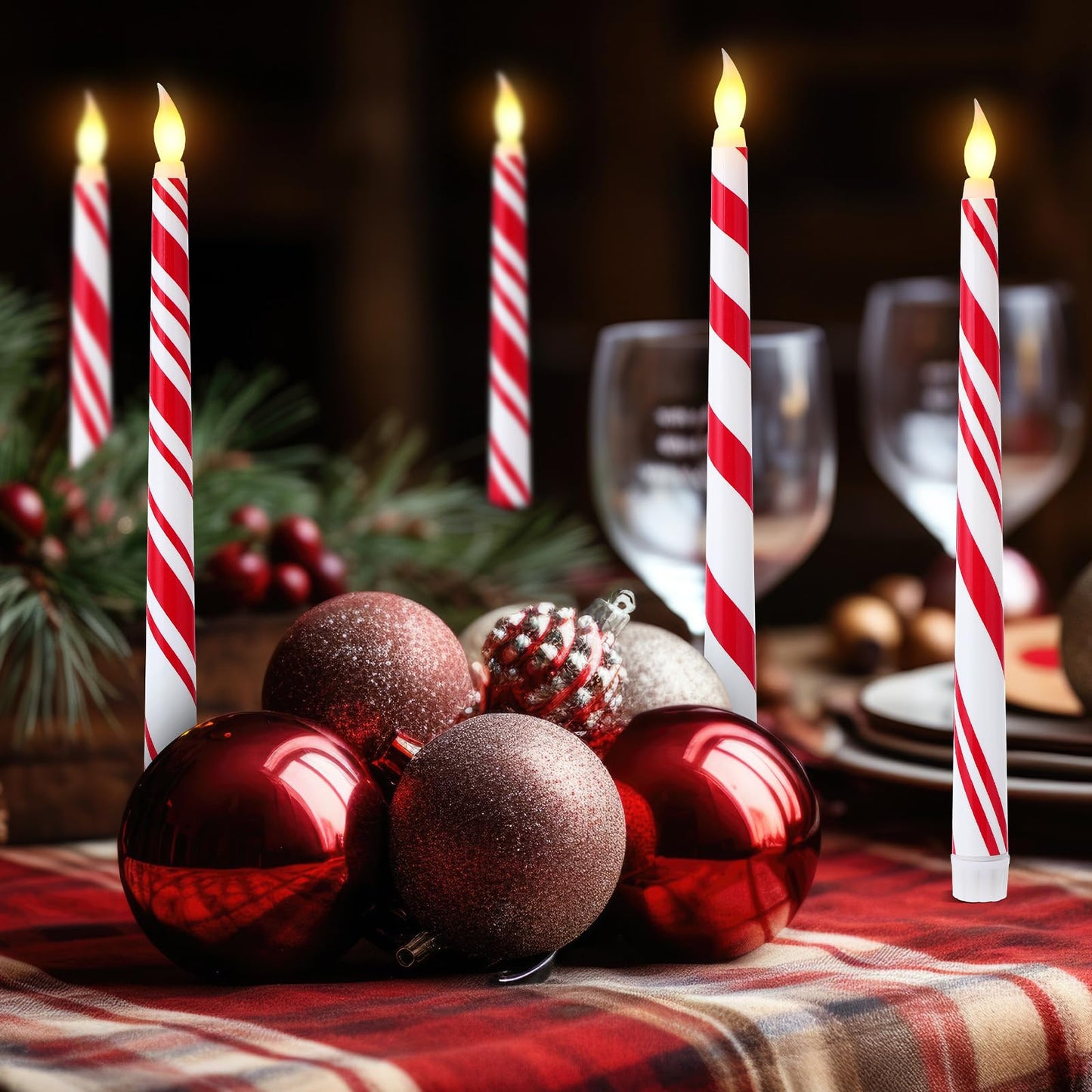 Kittmip 6 Pcs Christmas Flameless Taper Candles 11 Inch Long Candy Cane White Red Battery Operated LED Candles Table Centerpiece for Xmas Winter Holiday Party Decor