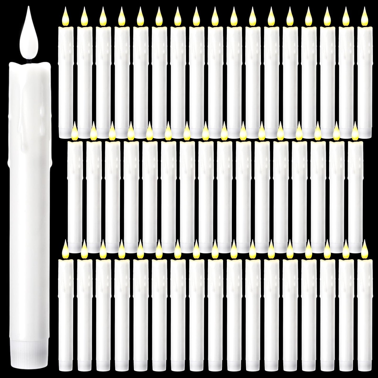 Baquler 50 Pcs 7.7 Inch White Flameless Taper Candles Dripless Battery Operated LED Flickering Candlesticks Window Candle with 3D Flickering Flame for Easter Home Wedding Church Decor
