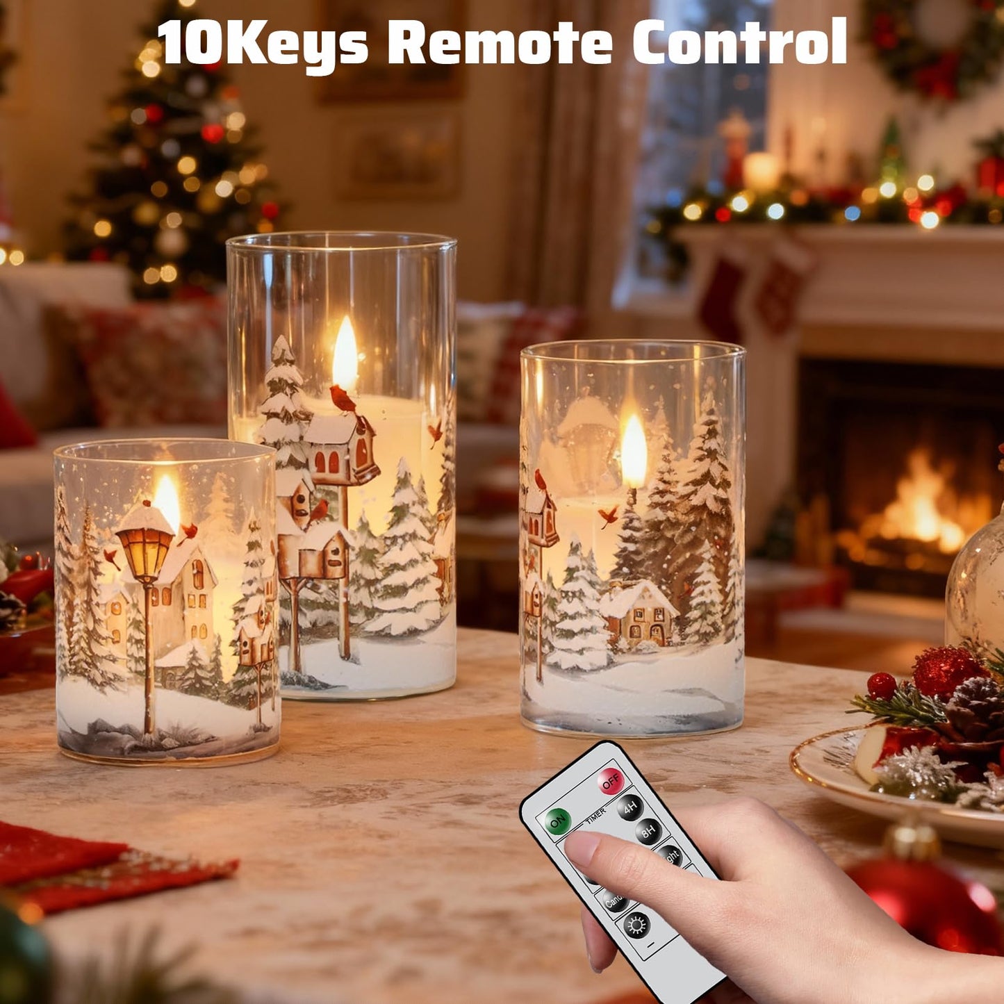 Wondise Red Bird Glass Flameless Candles with Remote Timer, Battery Operated Real Wax 3D Wick LED Flickering Pillar Candles for Christmas Decoration Thanksgiving Holiday Gift