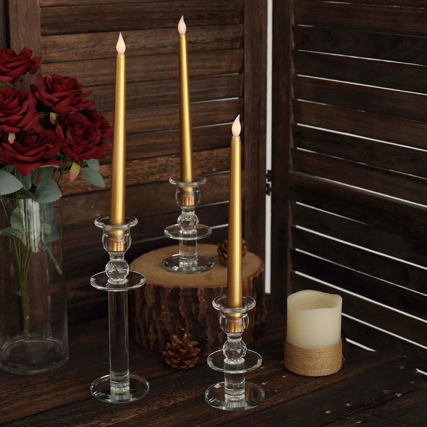 Efavormart Set of 3 | 11" Gold Flickering Flameless LED Taper Candles, Battery Operated Warm Glow Fake Candles for Wedding Centerpieces & Holiday Table Decor
