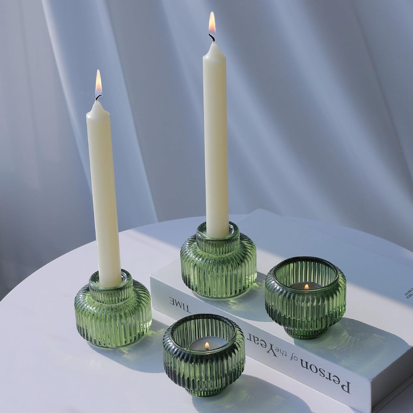 Woho Candlestick Holders Set of 4 for Taper Candles/Tea Lights, Green Ribbed Candle Sticks Holder Decor for Table Centerpiece, Reversible Taper Candle Holders Glass for Christmas Home Decoration