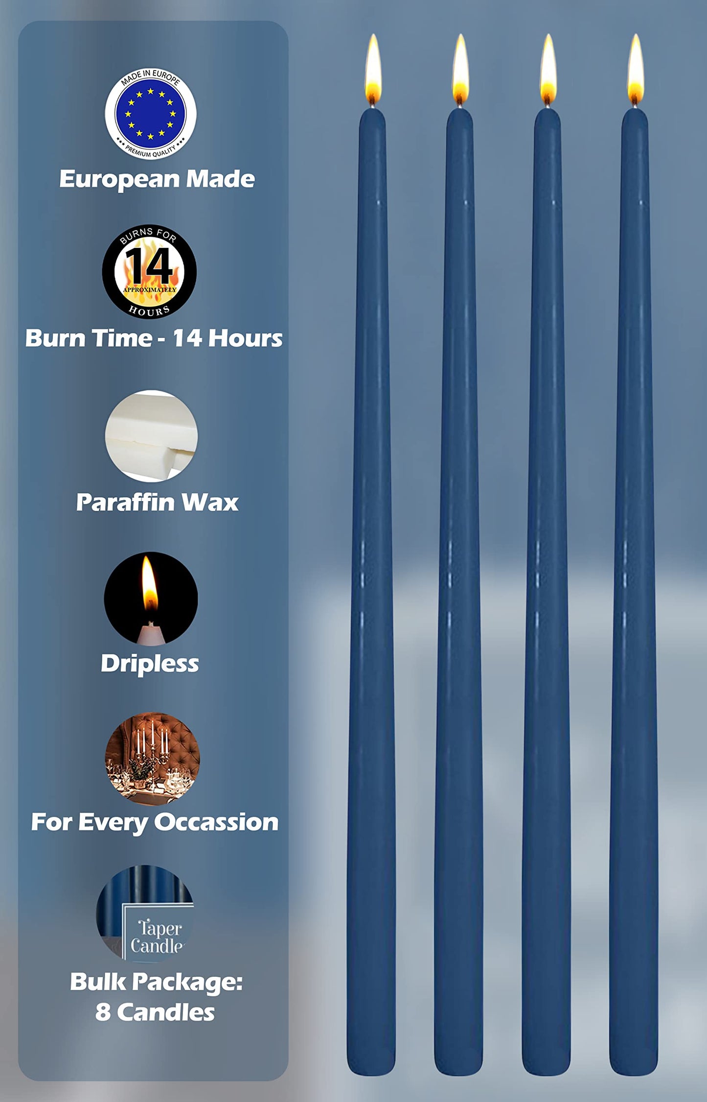 Hyoola Tall Taper Candles - 16 Inch Midnight Blue Unscented Dripless Taper Candles - 14 Hour Burn Time - 8 Pack