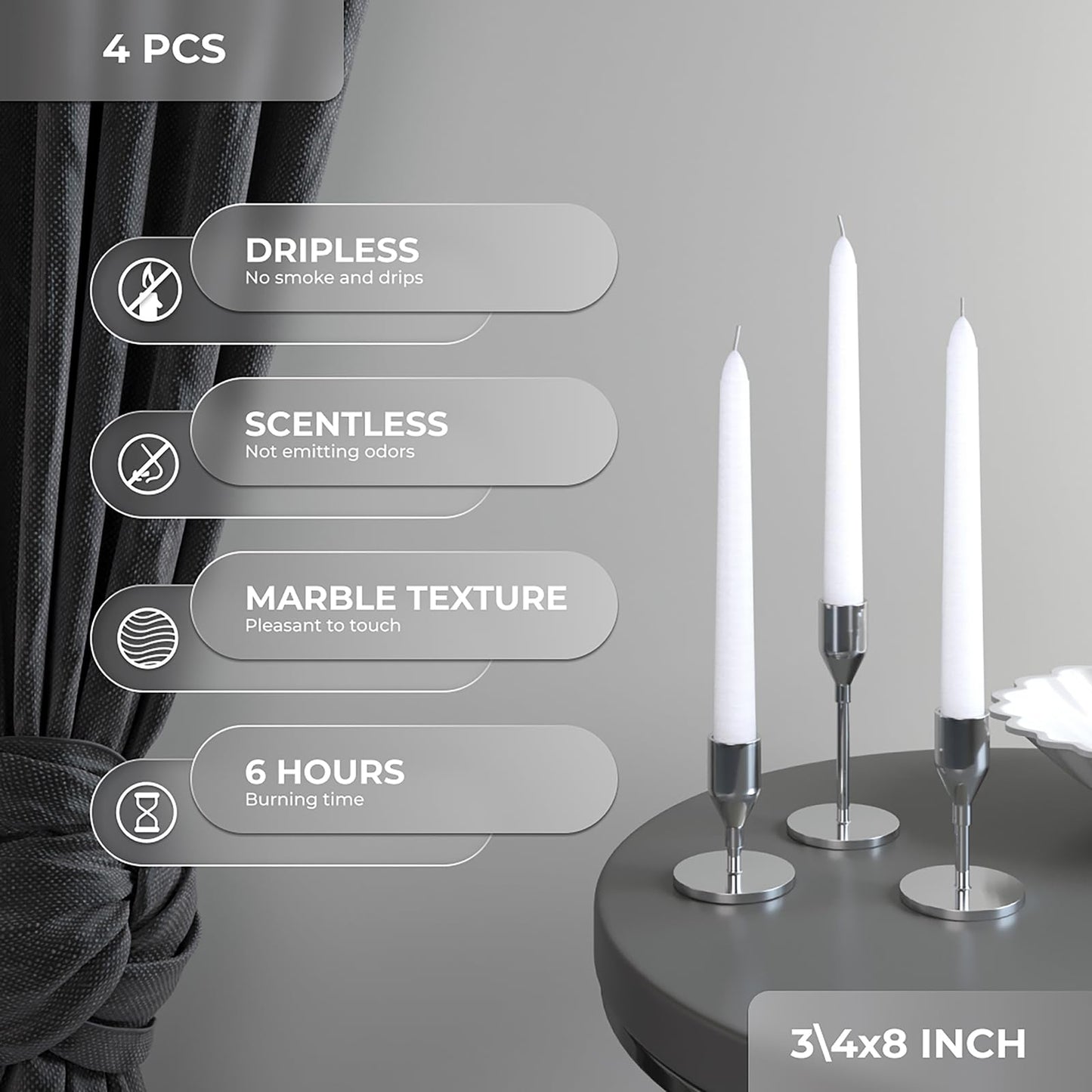 CANDWAX 8 inch White Taper Candles Set of 4 - Unscented Dripless Tapers - Smokeless Christmas Tapers - 6 Hours Burning Time Tapered White Candlesticks - Christmas Candle Sticks