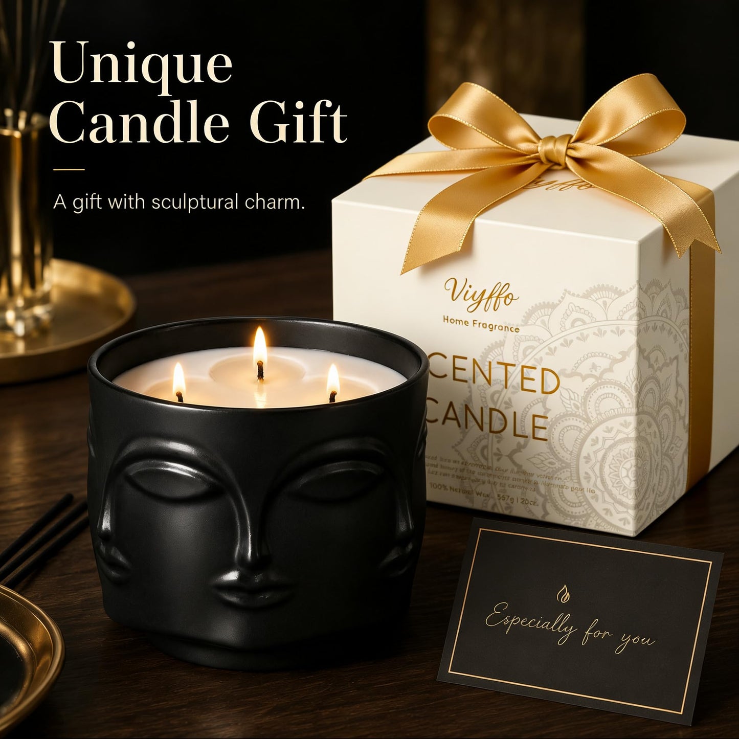 Viyffo 20oz Large Scented Candle - Forest Green Tea, 3 Wick Non Toxic Soy Candles for Women & Men, Unique Funny Matte Black Ceramic Jar, Luxury Home Fragrance, Room Art Décor & Premium Birthday Gift