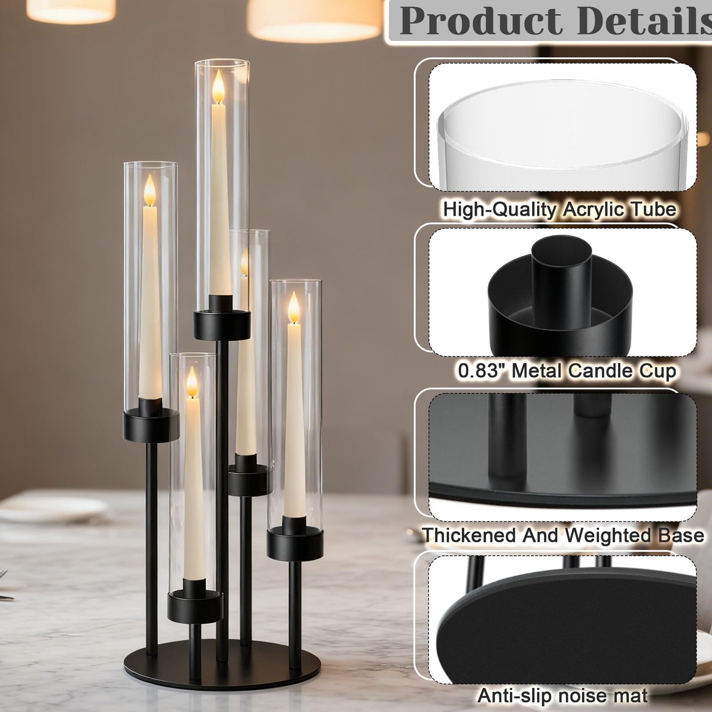 KEHAIL 2Pcs 5-Arm Black Metal Table Candelabra Centerpiece, 22" Tall Acrylic Clear Candlesticks Holder with Shade for Valentines Day Events Party Table Centerpiece,Fit LED Candles