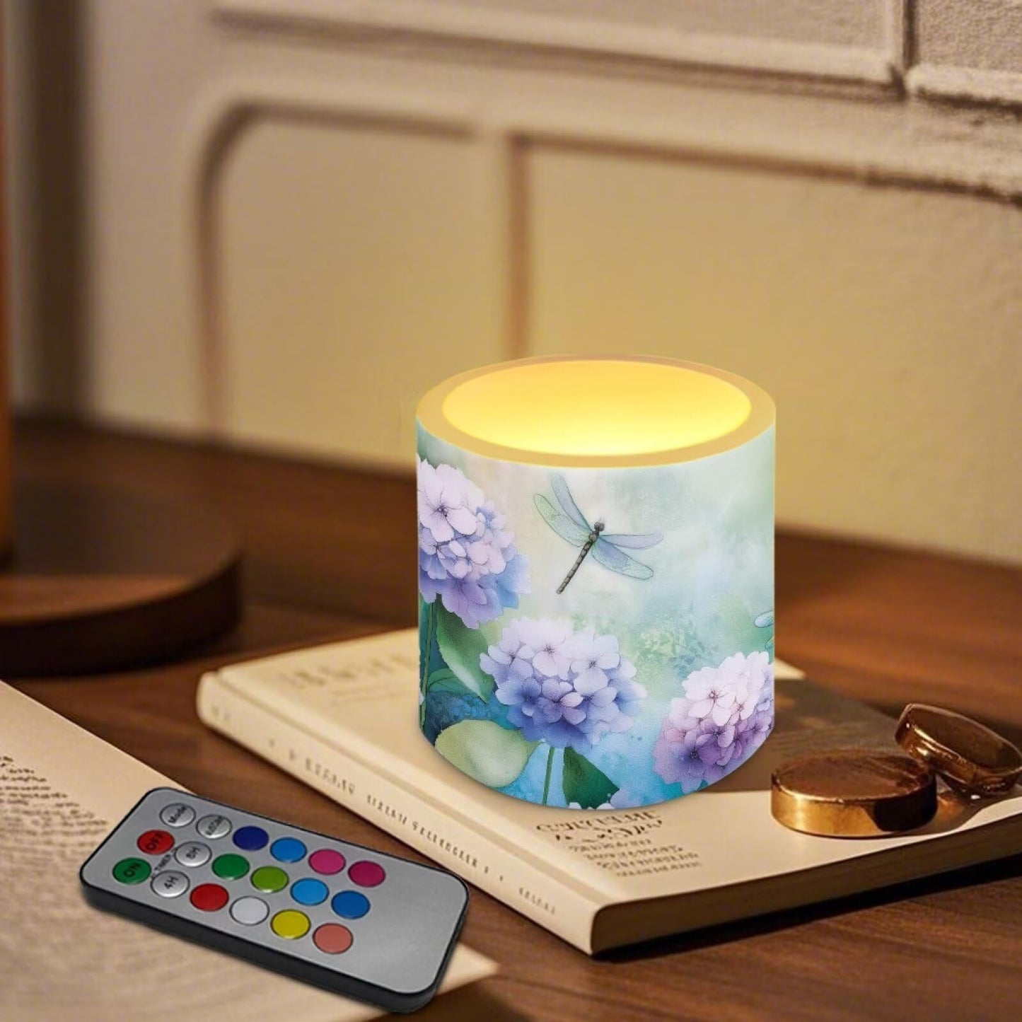 Cozeyat Hydrangea Dragonfly Elegant Flameless Candles 4 Pack Waterproof Battery Operated LED Pillar Candles with Remote Control Timer for Home Patio Garden Decoration