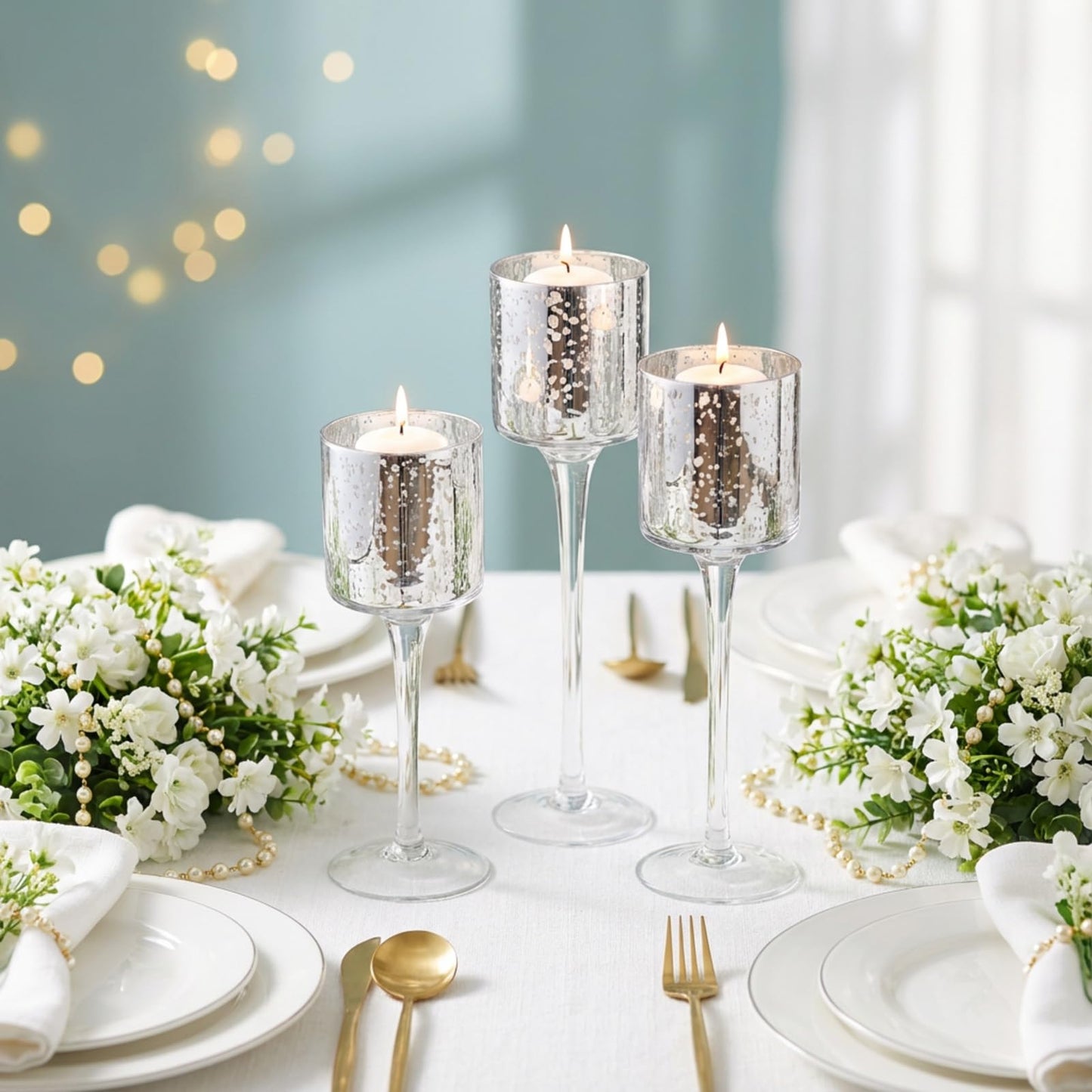 Maxcheck 6 Pcs Glass Candle Holder Tea Light Floating Candle Holders 7.87" 9" 10.2" Tall for Table Centerpiece Home Wedding Party Table Decor (Glitter)