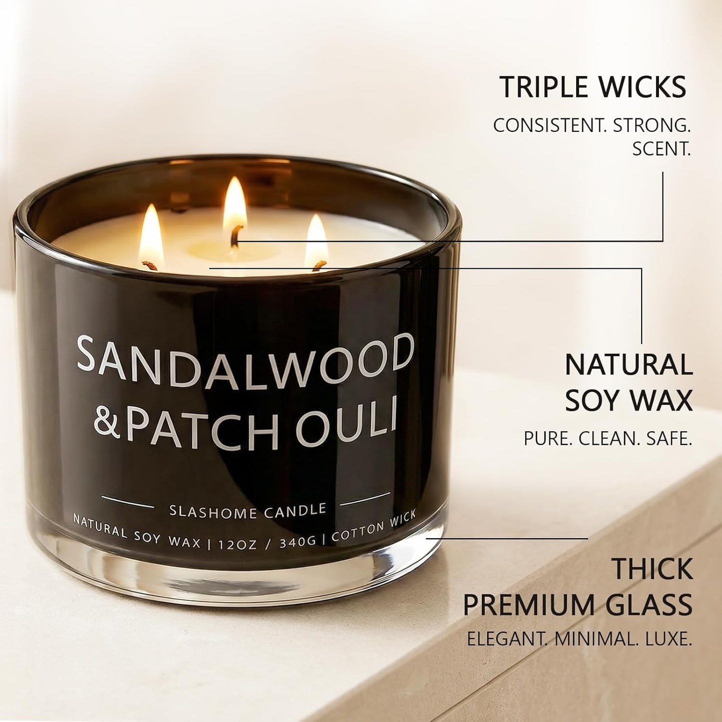 Sandalwood & Patchouli Scented Candle, Luxury Large 3 Wick Soy Candle 12 Oz, 60+ Hour Long Lasting Clean Burn, Elegant Aromatherapy Home Decor, Housewarming & Birthday Gift for Men & Women