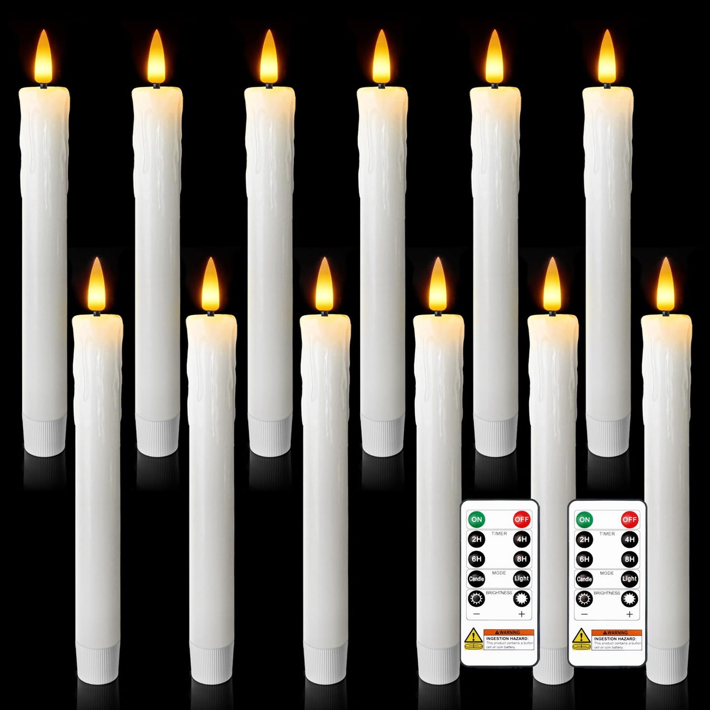 Meigic 7 Inches Dripless Flameless Taper Candles with Remote Timer Dimmer, Real Wax Battery Candlesticks, 3D Flame Fake Candlesticks for Home Wedding Christmas Decor, White, 12 Pcs