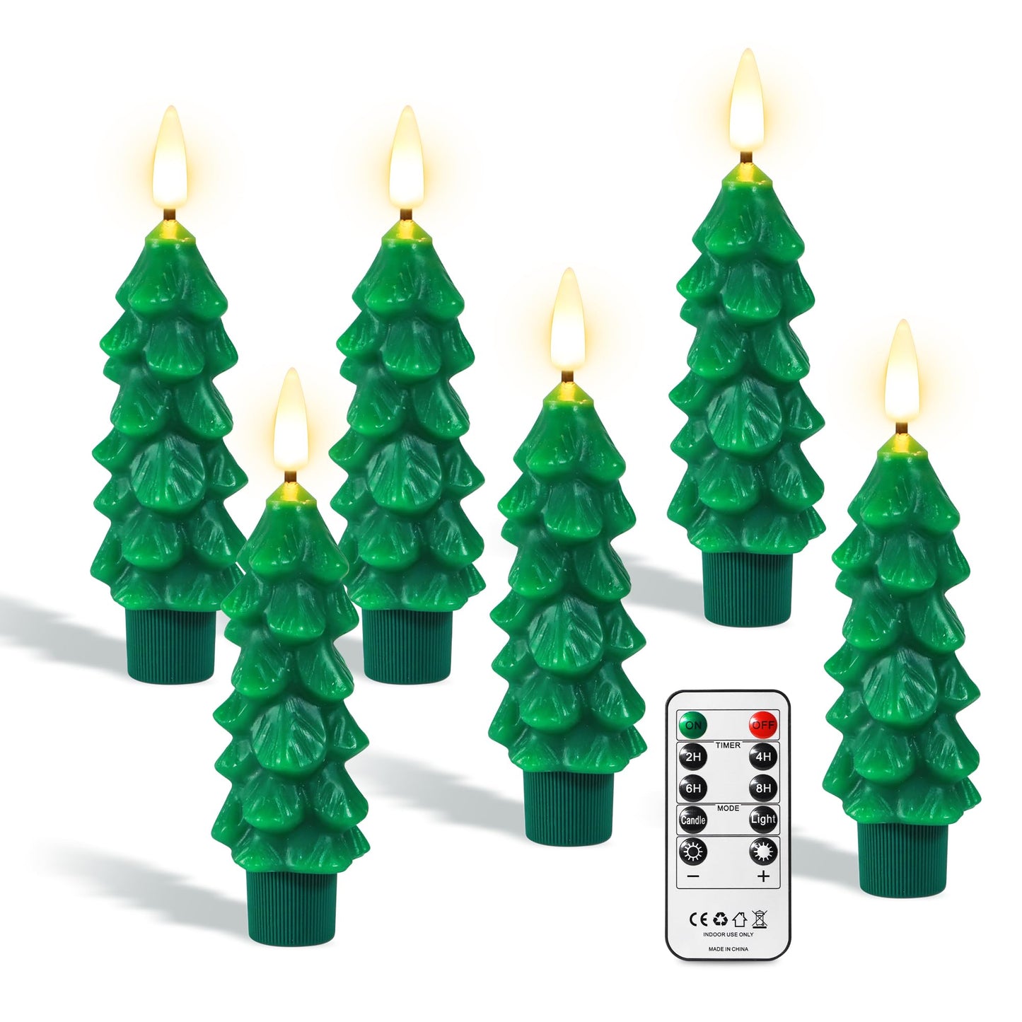 yunsheng 6Pcs Christmas Tree Candles with Remote Timer, Green Real Wax Flameless Taper Candles Flickering, 5 Inches Battery Operated LED Window Candle for Home Holiday Decor