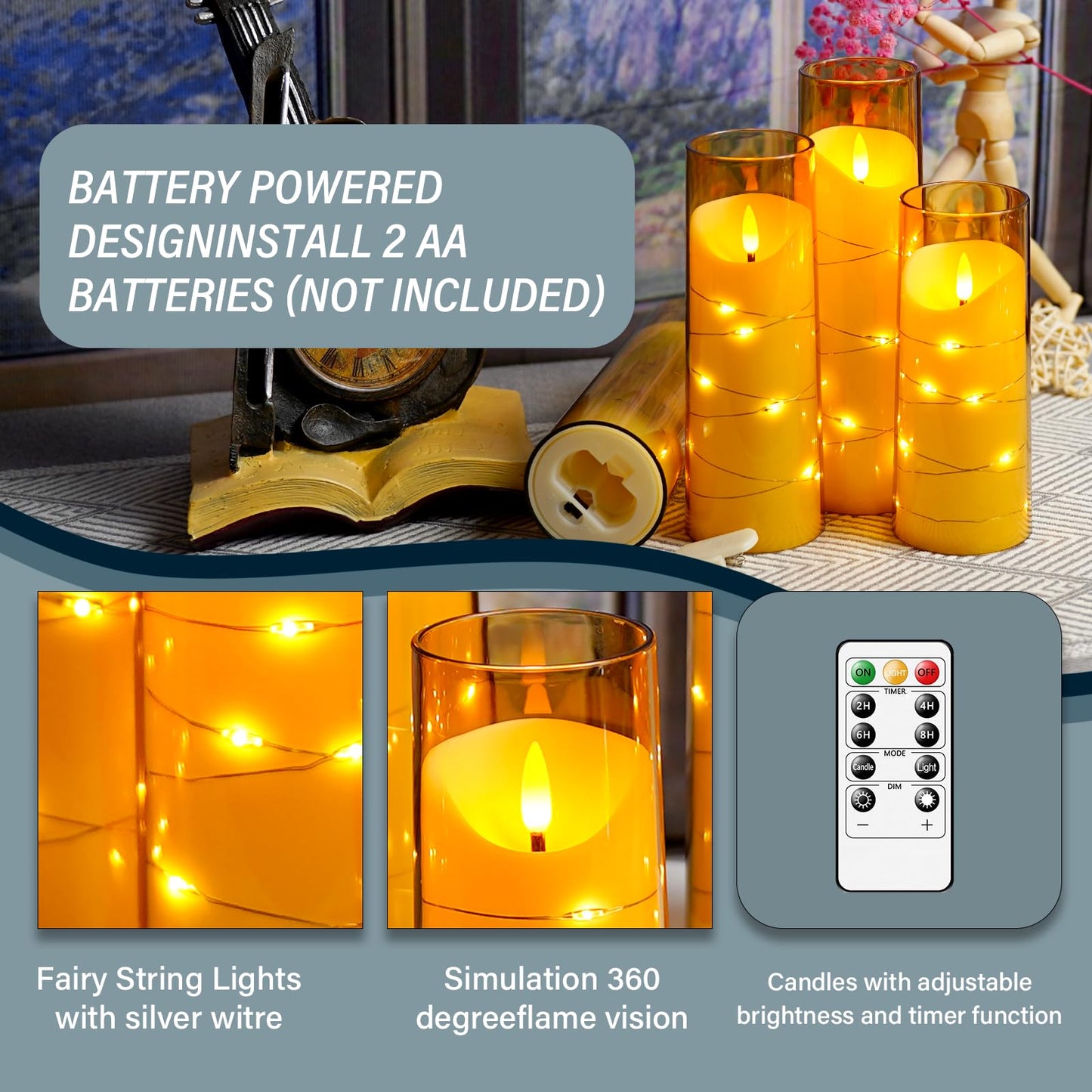 Eebuss Flameless Candles with Embedded Star String, Battery Operated LED Pillar Candles with Timer and Remote Control,Home Decorating for Ambiance， Set of 9 (Gold)