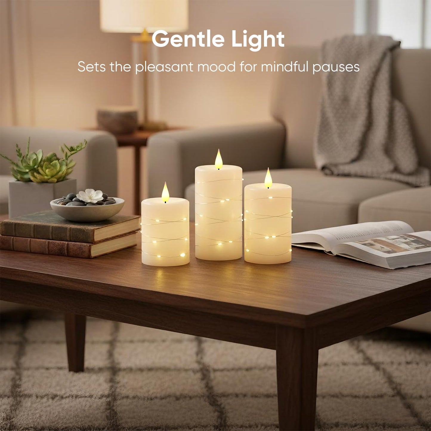 Amagic Flameless Candles with Embedded String Lights, 11-Key Remote & Timer, 3D Wick Real Wax Battery Operated Flickering Led Pillar Candles for Home, Lantern Decor, Set of 2, White