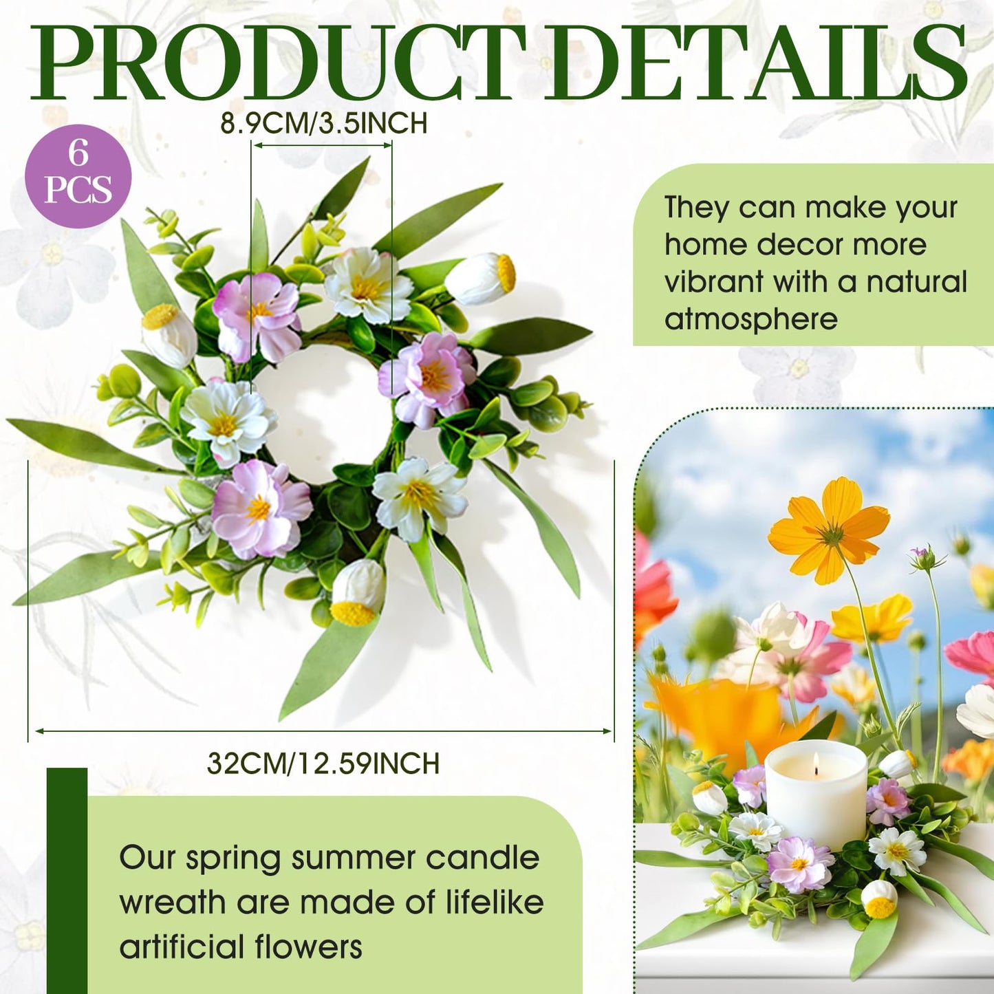 6 Pcs Small Spring Summer Candle Ring Wreaths with Artificial Pink White Flower and Yellow Fruit Mini Pillar Candle Holder Wreath with Lavender for Home Kitchen Cabinets Table Centerpieces Front Door