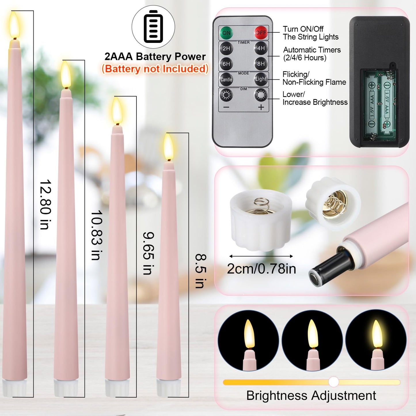 Rossesay 16 Pcs Pink Flameless Taper Candles Battery Operated Candles with Remote Timer 8.5" 9.6" 10.8" 12.8" Multiple Sizes Pink LED Flickering Candlestick for Wedding Centerpieces Party Decor