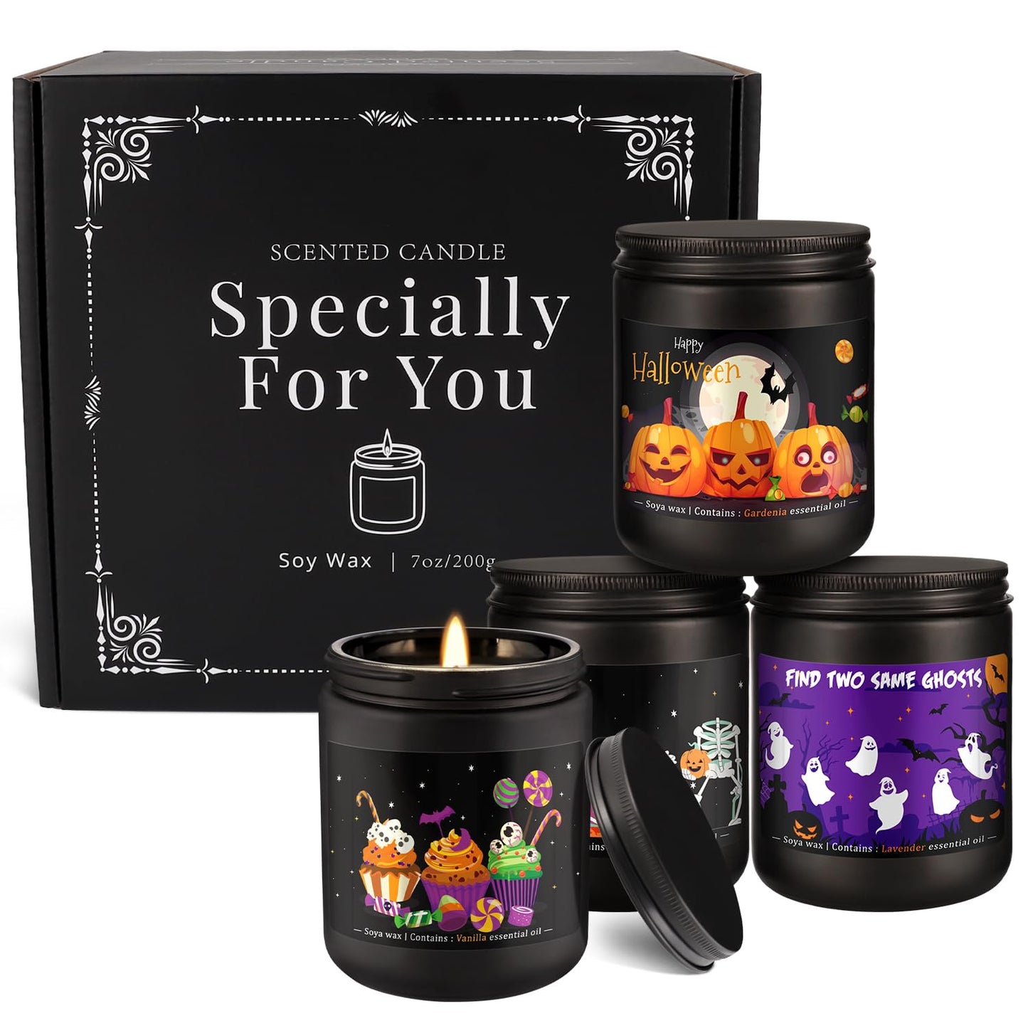 CLTNIKET Halloween Scented Candle Set, 4-Pack 7oz Soy Wax Candles with 4 Fragrances, Long-Lasting Burning for Halloween, Christmas, Home Decor, Rituals & Themed Parties.