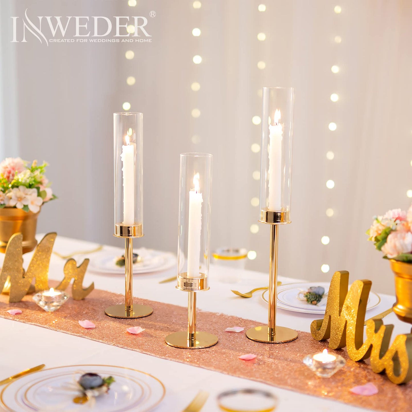 Inweder Hurricane Taper Candle Holders: Gold Glass Candlestick Holder Tall Candle Sticks Holder Decor with Glass Cover for Wedding Table Centerpiece Party Birthday Christmas Home Mantel Set of 3