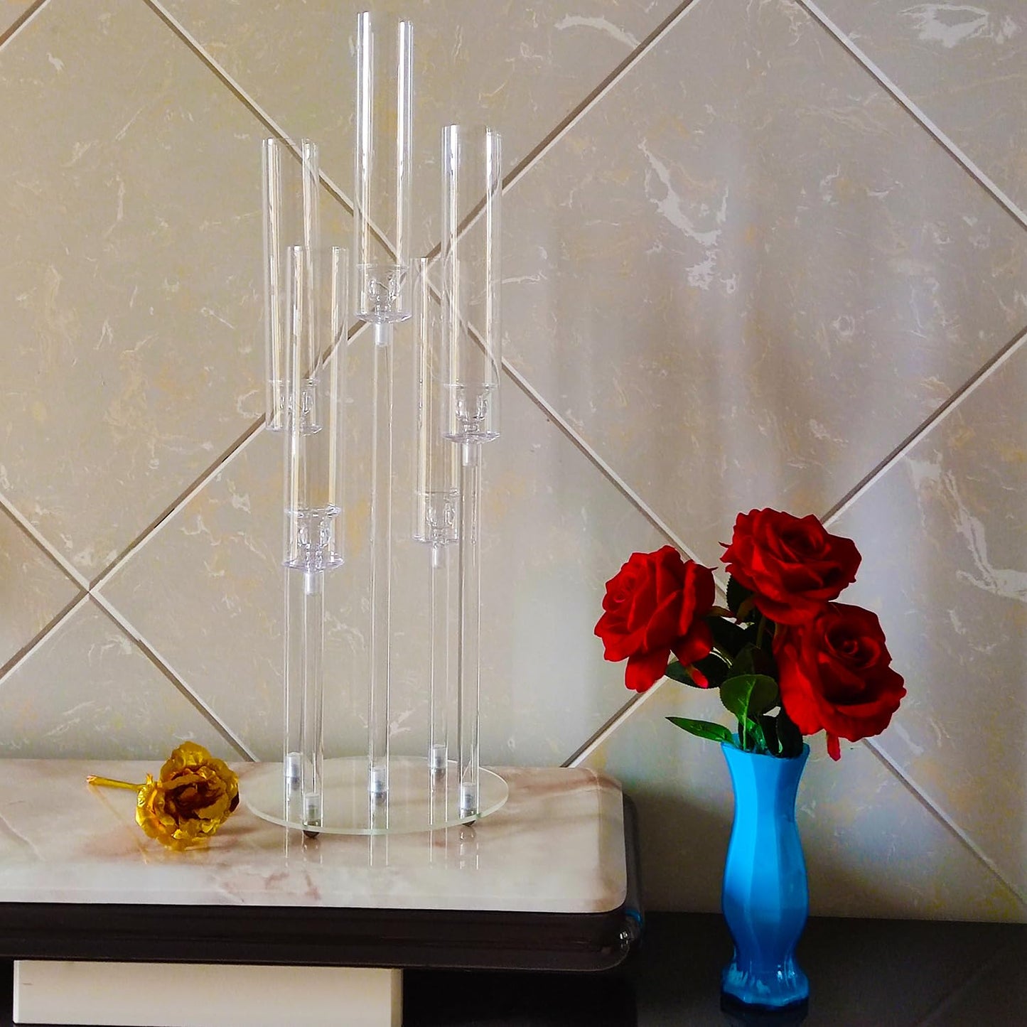 2Pcs Acrylic Candelabra Centerpieces for Wedding,Clear Crystal 5 Arm Candlesticks Holder with Acrylic Shade for Valentine's day Dinner Party Fireplace Gift Fit 0.87 LED Candle