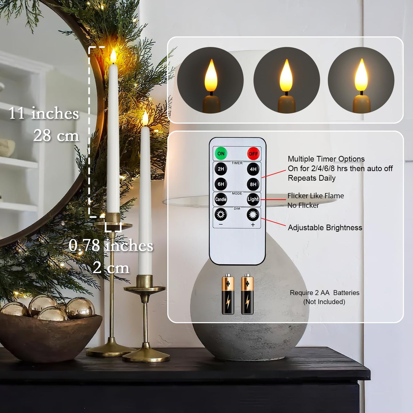 Homemory 48Pcs 11 inches White LED Taper Candles, Flameless Taper Candles with Remote Timer Dimmer, Plastic Battery Operated Candlesticks with Flickering Flame for Halloween Christmas Wedding Party